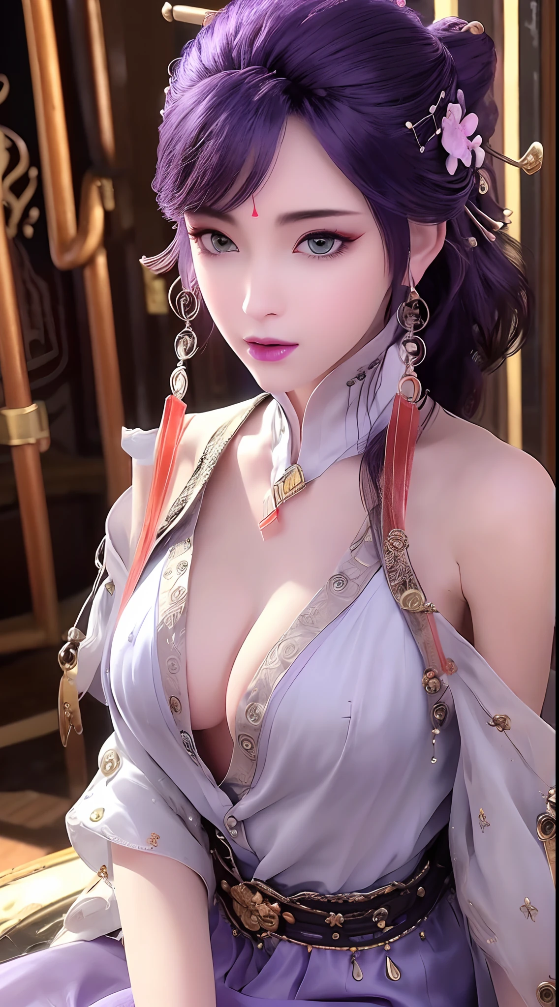 1 beautiful and sexy 20 year old girl, ((ultra-thin sexy nightgown with deep slits to cover :1.6)), ((full nude:1.6)), ((The girl wore an off-the-shoulder dress that revealed her cleavage and exposed her breasts beautifully:1.6)), ((long black hair:1.6)), bangs, elaborate jewelry made from precious stones and beautiful hair, the noble, noble style of an extremely girl beautiful, very pretty and lovely face, ((bright face:1.2)), very pretty face, thin eyebrows, eyes are so beautiful and perfect, flawless beautiful face, ((black pupil: 0.8)), very beautiful eyes, ((eyes silver: 1.5)), ((light purple eyeshadow makeup is very attractive and devilish:1.5)), beautiful makeup and detailed hairdo, eyelashes, steamy eye makeup, high nose, earrings, plump red lips, beautiful and balanced lips, ((closed mouth: 1.5)), slim hands, beautiful thighs best, ((Sitting position, chest puffed out and arms behind: 1.6)), ((unbutton the girl's shirt:1.6)), ashamed, rosy face, clean face, flawless beautiful face, smooth white skin, (big breasts: 1.3)), ((high breasts: 1.6)), firm breasts, beautiful cleavage, (((big and super round breasts: 1.5))), ((super tight breasts: 1.5)), beautiful breasts, busty breasts, perfect body, thrust your chest forward, 8k photo, super high quality, hyper realistic, super 10x pixels, optical, studio bright, edge bright, two-tone lighting, (high detail skin: 1.2), super 8k, soft light, high quality, volumetric light, optical, high resolution optical, light, best photo, 8k quality, smooth sharpness, (((bright white skin, super bright background: 1.2))), (((super bright skin:1.5))), bright colors harmonious light, ((red flower background:1.5)), aurora, lightning, surreal graphics, most realistic graphics, alone, solo, Extremely sharp, surreal images, look at the beautiful girl's body, (((frontal portrait: 1.2)))."