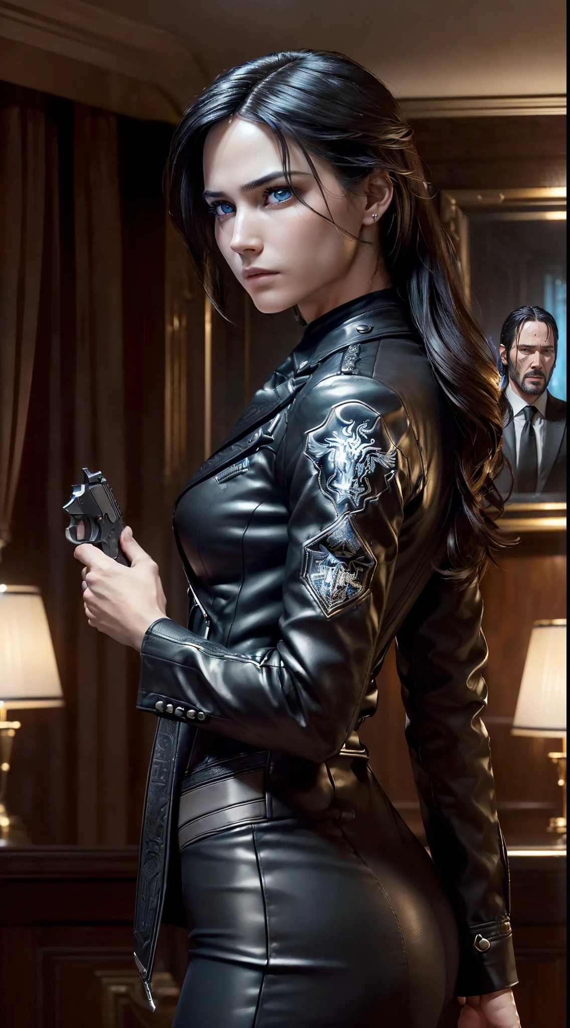 ((Unreal Engine 5)), ((ultra high definition)), ((ultra high resolution)), ((full sharpness)), ((maximum quality)), ((Cinematic)), ((8k)), ((John Wick/Johnny Mnemonic)), ((young man /20 years old)), ((very serious expression)), ((identical to the movie)), ((totally the same as the movie)), ((typical face)), ((alone)), ((full body)), ((ultra detailed face)), ((ultra detailed eyes)), ((ultra realist eyes)), ((ultra detailed irises)), ((always the same eyes)), ((perfect body)), ((ultra delicate hands)), ((ultra detailed hands)), ((ultra detailed fingers)), ((natural lighting)), ((side view)), ((totally ultra realistic)), ((repeat the same face)), ((always the same face)), ((repeat always the same face)), ((always the same body)), ((always the same proportions)), ((always the same clothes)), ((wearing the same clothes as in the movie)), ((looking at the camera)), (((in The Continental Hotel))), (((totally Male))), ((holding a desert eagle pistol))