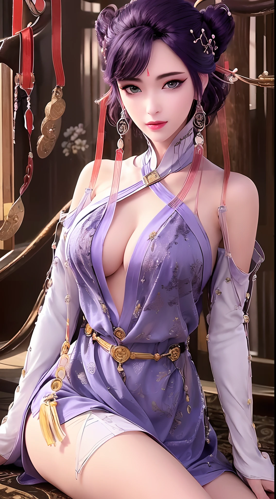 1 beautiful and sexy 20 year old girl, ((ultra-thin sexy nightgown with deep slits to cover :1.6)), ((full nude:1.6)), ((The girl wore an off-the-shoulder dress that revealed her cleavage and exposed her breasts beautifully:1.6)), ((long black hair:1.6)), bangs, elaborate jewelry made from precious stones and beautiful hair, the noble, noble style of an extremely girl beautiful, very pretty and lovely face, ((bright face:1.2)), very pretty face, thin eyebrows, eyes are so beautiful and perfect, flawless beautiful face, ((black pupil: 0.8)), very beautiful eyes, ((eyes silver: 1.5)), ((light purple eyeshadow makeup is very attractive and devilish:1.5)), beautiful makeup and detailed hairdo, eyelashes, steamy eye makeup, high nose, earrings, plump red lips, beautiful and balanced lips, ((closed mouth: 1.5)), slim hands, beautiful thighs best, ((Sitting position, chest puffed out and arms behind: 1.6)), ((unbutton the girl's shirt:1.6)), ashamed, rosy face, clean face, flawless beautiful face, smooth white skin, (big breasts: 1.3)), ((high breasts: 1.6)), firm breasts, beautiful cleavage, (((big and super round breasts: 1.5))), ((super tight breasts: 1.5)), beautiful breasts, busty breasts, perfect body, thrust your chest forward, 8k photo, super high quality, hyper realistic, super 10x pixels, optical, studio bright, edge bright, two-tone lighting, (high detail skin: 1.2), super 8k, soft light, high quality, volumetric light, optical, high resolution optical, light, best photo, 8k quality, smooth sharpness, (((bright white skin, super bright background: 1.2))), (((super bright skin:1.5))), bright colors harmonious light, ((red flower background:1.5)), aurora, lightning, surreal graphics, most realistic graphics, alone, solo, Extremely sharp, surreal images, look at the beautiful girl's body, (((frontal portrait: 1.2)))."
