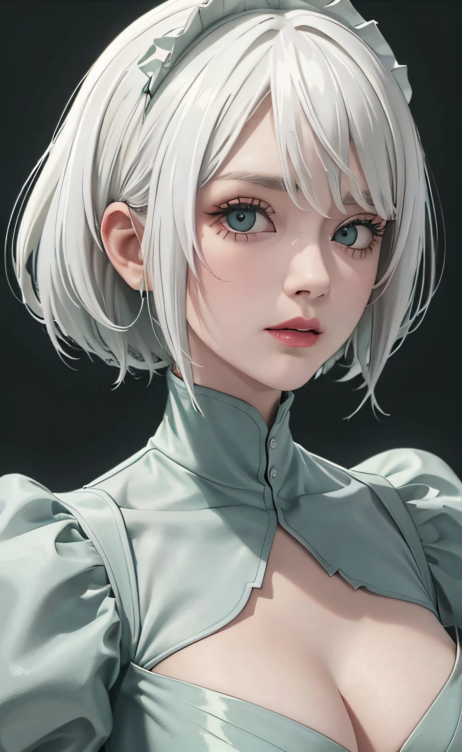 (8K), Sharp focus, A high resolution, 1girll, Upper body, Green Dev, White hair,(High quality:1.2), (High detail:1.2), (Masterpiece:1.2), (Extremely detailed:1.2),