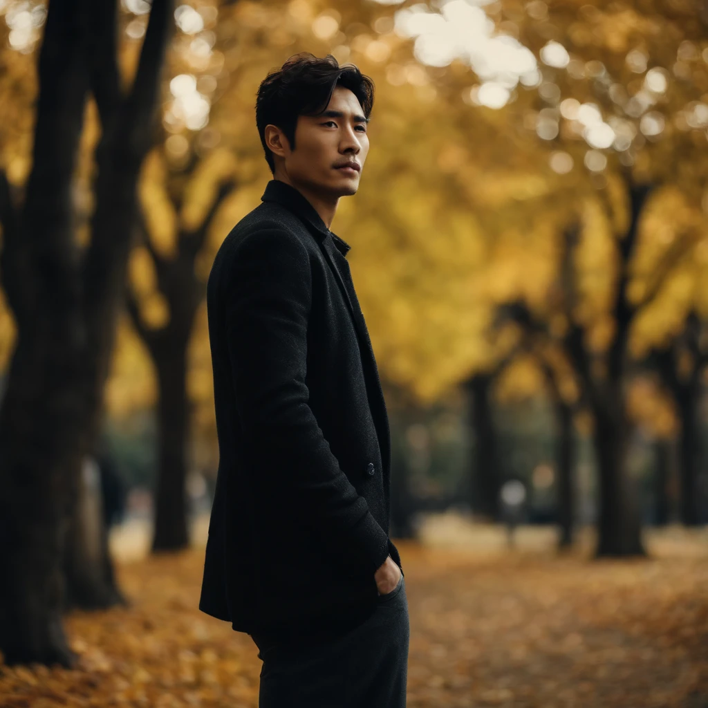 Cool guy in everyday clothes , japanes , Sexy man, Terno Preto、high-level image quality、a scene from a movie、Autumn Park