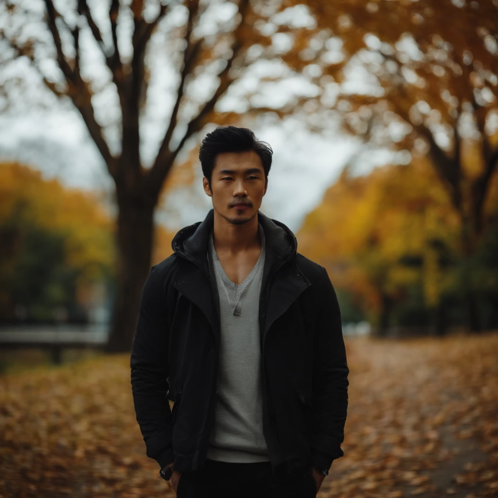 Cool guy in everyday clothes , japanes , Sexy man, Terno Preto、high-level image quality、a scene from a movie、Autumn Park