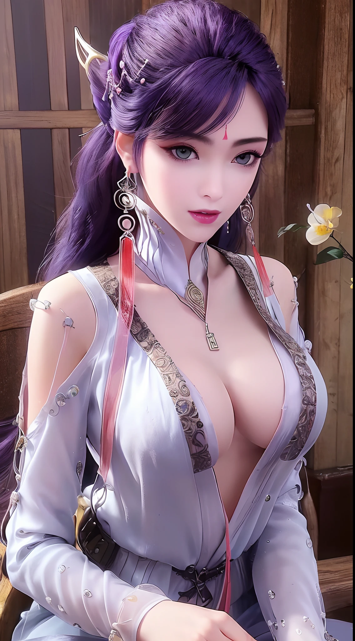 1 beautiful and sexy 20 year old girl, ((ultra-thin sexy nightgown with deep slits to cover :1.6)), ((full nude:1.6)), ((The girl wore an off-the-shoulder dress that revealed her cleavage and exposed her breasts beautifully:1.6)), ((long black hair:1.6)), bangs, elaborate jewelry made from precious stones and beautiful hair, the noble, noble style of an extremely girl beautiful, very pretty and lovely face, ((bright face:1.2)), very pretty face, thin eyebrows, eyes are so beautiful and perfect, flawless beautiful face, ((black pupil: 0.8)), very beautiful eyes, ((eyes silver: 1.5)), ((light purple eyeshadow makeup is very attractive and devilish:1.5)), beautiful makeup and detailed hairdo, eyelashes, steamy eye makeup, high nose, earrings, plump red lips, beautiful and balanced lips, ((closed mouth: 1.5)), slim hands, beautiful thighs best, ((Sitting position, chest puffed out and arms behind: 1.6)), ((unbutton the girl's shirt:1.6)), ashamed, rosy face, clean face, flawless beautiful face, smooth white skin, (big breasts: 1.3)), ((high breasts: 1.6)), firm breasts, beautiful cleavage, (((big and super round breasts: 1.5))), ((super tight breasts: 1.5)), beautiful breasts, busty breasts, perfect body, thrust your chest forward, 8k photo, super high quality, hyper realistic, super 10x pixels, optical, studio bright, edge bright, two-tone lighting, (high detail skin: 1.2), super 8k, soft light, high quality, volumetric light, optical, high resolution optical, light, best photo, 8k quality, smooth sharpness, (((bright white skin, super bright background: 1.2))), (((super bright skin:1.5))), bright colors harmonious light, ((red flower background:1.5)), aurora, lightning, surreal graphics, most realistic graphics, alone, solo, Extremely sharp, surreal images, look at the beautiful girl's body, (((frontal portrait: 1.2)))."