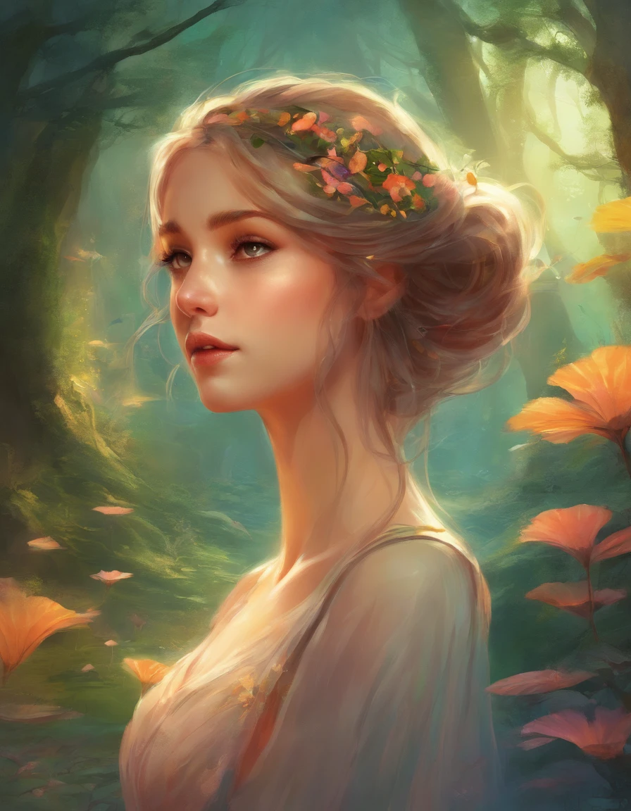 (highres, best quality:1.2), radiance, soft contours, beautiful drawing, girl in the forest, sunset, delicate colors, UFO