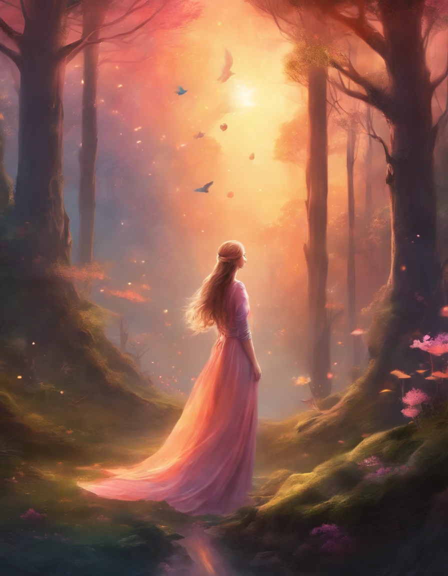 (highres, best quality:1.2), radiance, soft contours, beautiful drawing, girl in the forest, sunset, delicate colors, UFO