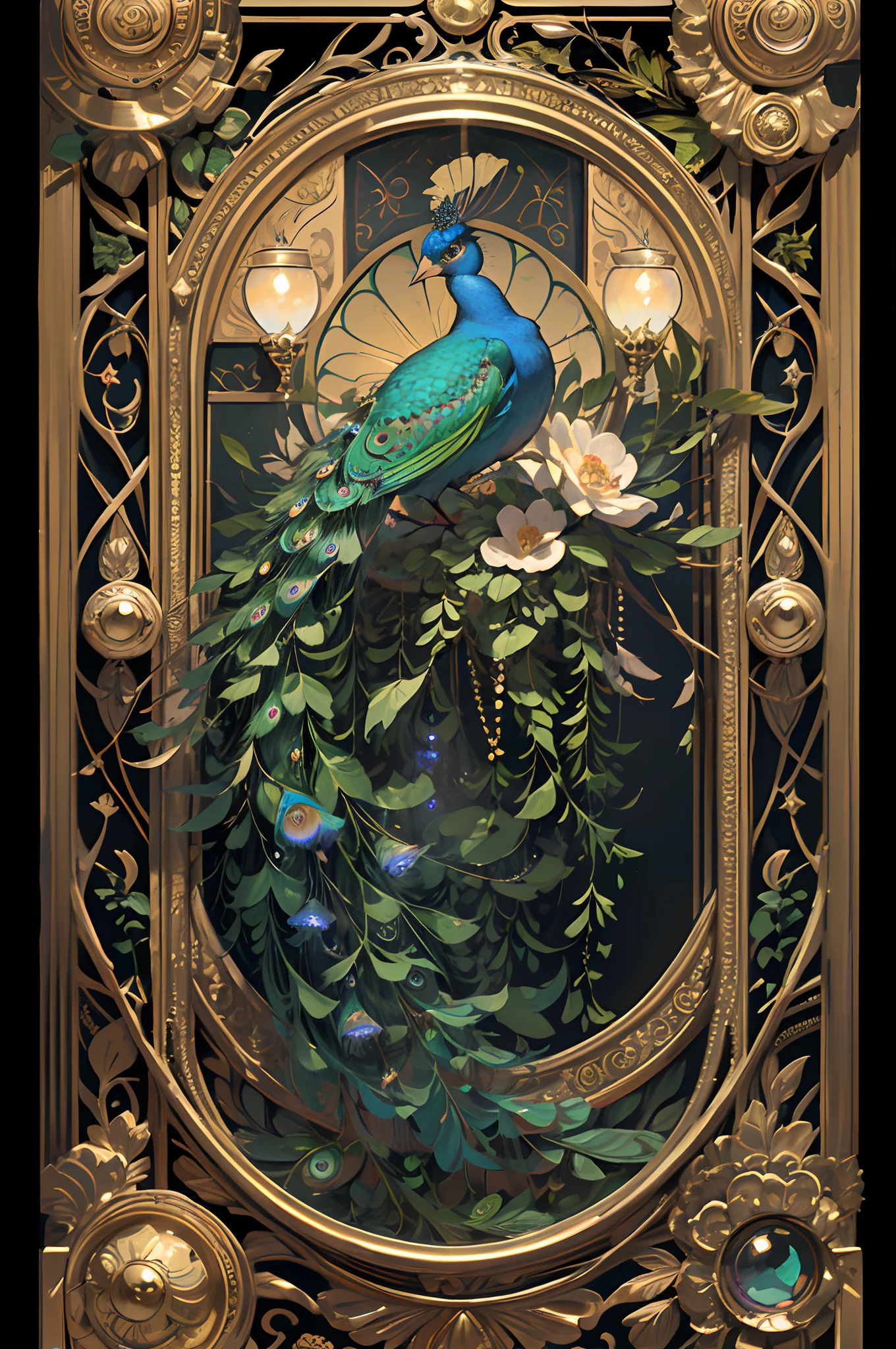 ((without people)) ((nobody)) Vintage Victorian style, Precise vintage encyclopedia (best quality:1.2), (detailed:1.2), (masterpiece:1.2), vintage illustrations of a peacock bird sitting inside a intricate golden cage, plants and flowers around, golden jewelry with gemstones and crystals