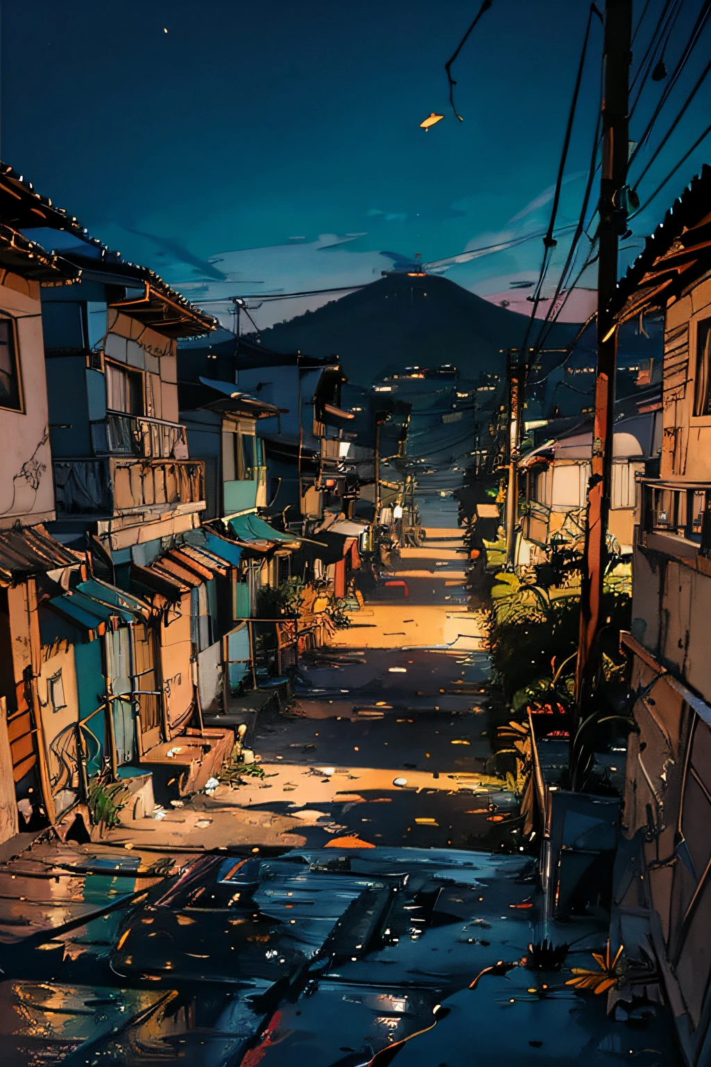 muitas casas empilhadas, favela, Rio de Janeiro. Ruas estreitas e sinuosas. Improvised constructions. Telhados.tendas. Interlaced electrical wires. Paredes de tijolos expostos. Varandas pequenas. Muros de grafite. Saffron and ochre huts in the greens of the soil of the Favela, are aesthetic facts, Empty action locations, antenas de sinal (view from the ground) (vista para o solo)