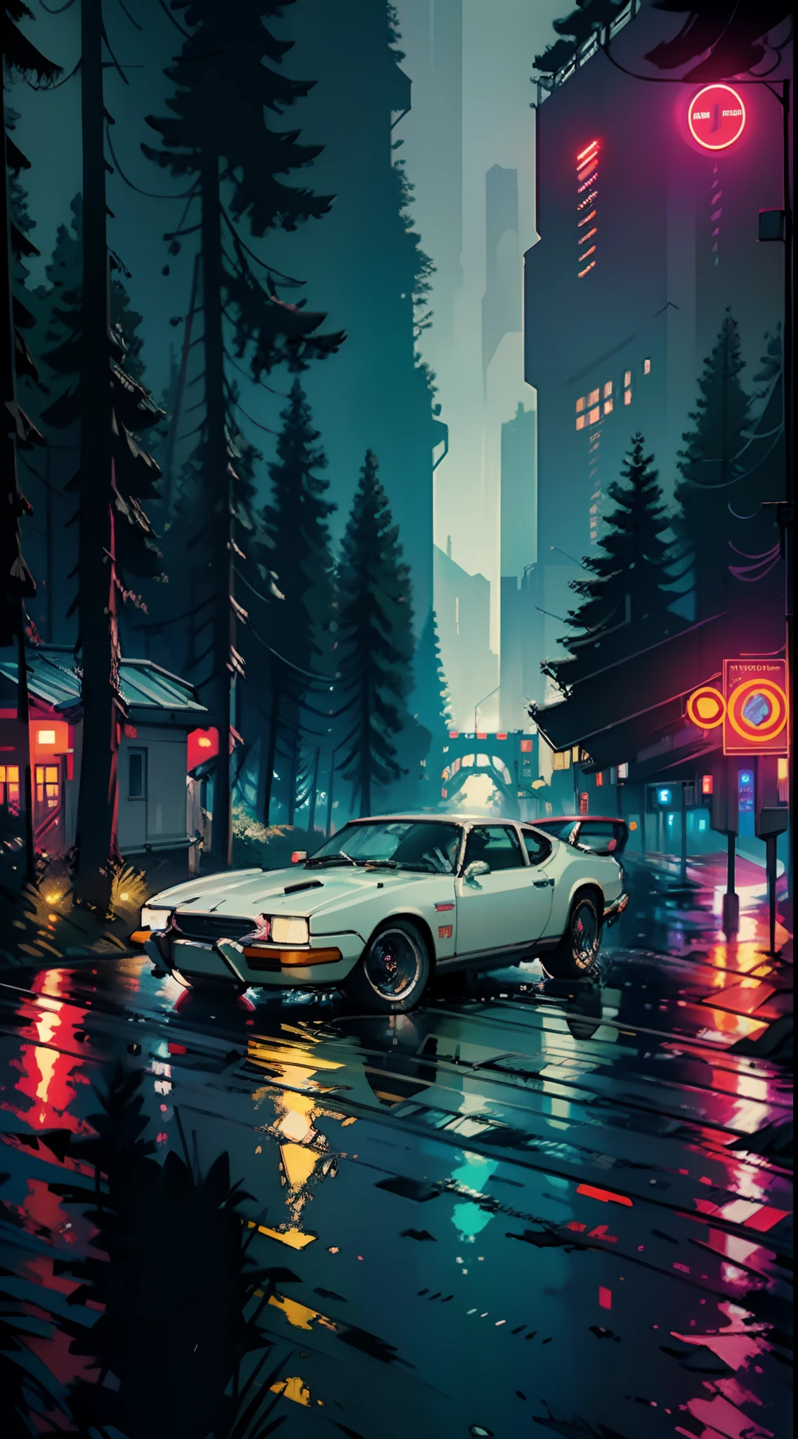 Sports Car, Retro, Full Color, Multicolor, Artistic, Superior Detail, Super Quality, Fine Details, Highlights, Neon Lights, 8k, Masterpiece, City Night, Neon Lights, Wet Road, Mountains, Forest,