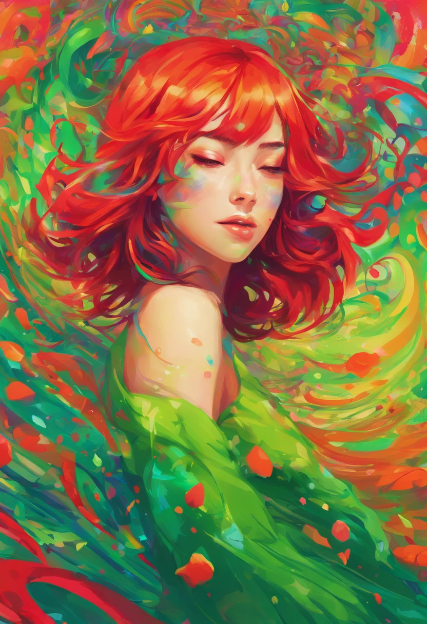((top-quality, 8K)), (Realistic), (Face Focus: 1.1), (green and red: 1.3), Kawaii Girl, short-hair,
Hair fluttering in the wind, Facing to the side, Look up at your face, Eyes closed, (Sleeveless: 1.1)、Skirt, D Cup Breasts,