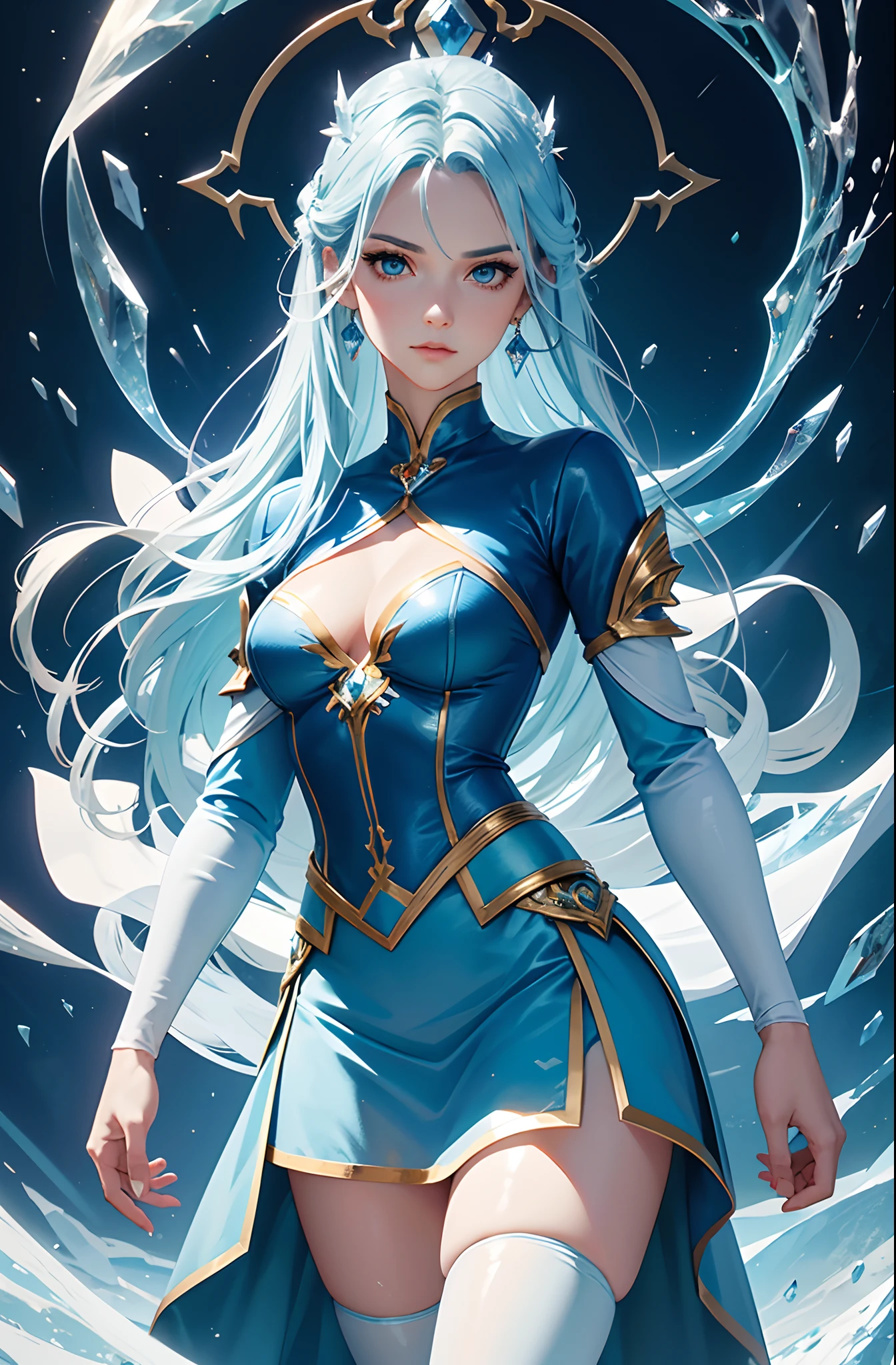 est quality, masterpiece, realistic, Beautiful sexy cool tall, slim, fit woman, wearing light blue skirt with stockings, fantasy shirt, athletic body, intricate and highly detailed, long blue hair, sexy expression, casting ice magic fromher hands, ice god, ice master, ice magician, freezing