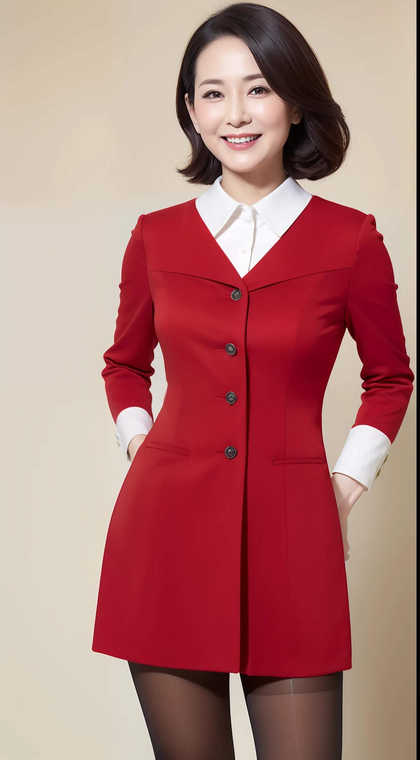 Masterpiece,Best quality, (maam. clerk:1), ((Portrait:1.3)), Cross arms, Smile,Red professional attire,Long legs,skin hyper-detail,Clear pores,in a panoramic view,Cocked buttocks,black lence stockings,Beautiful young Japanese woman over 40 years old, Perfect face, Fantastic look, (Detailed facial features), Clean and nice face