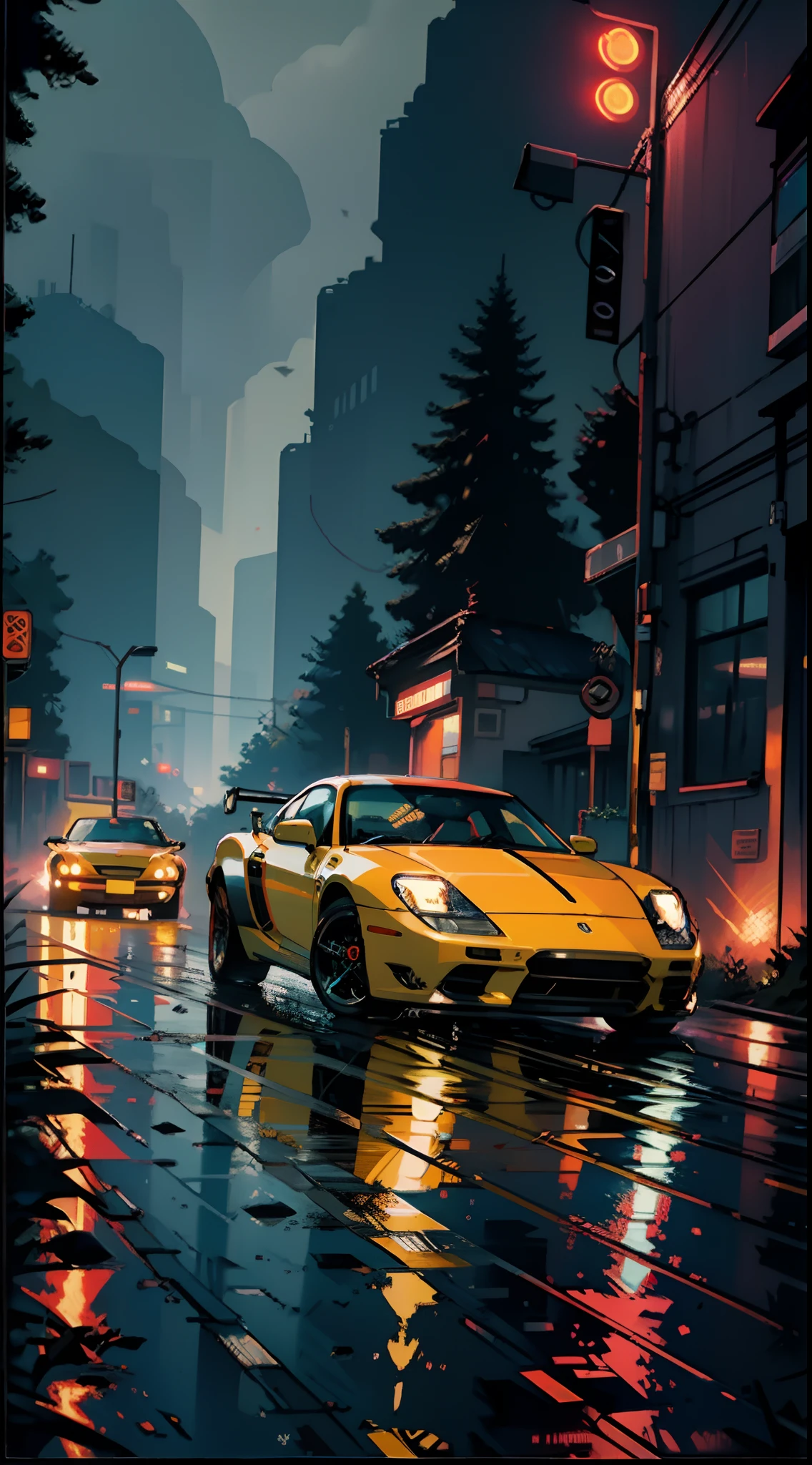 Sports Car, Retro, Full Color, Multicolor, Artistic, Superior Detail, Super Quality, Fine Details, Highlights, Neon Lights, 8k, Masterpiece, City Night, Neon Lights, Wet Road, Mountains, Forest,