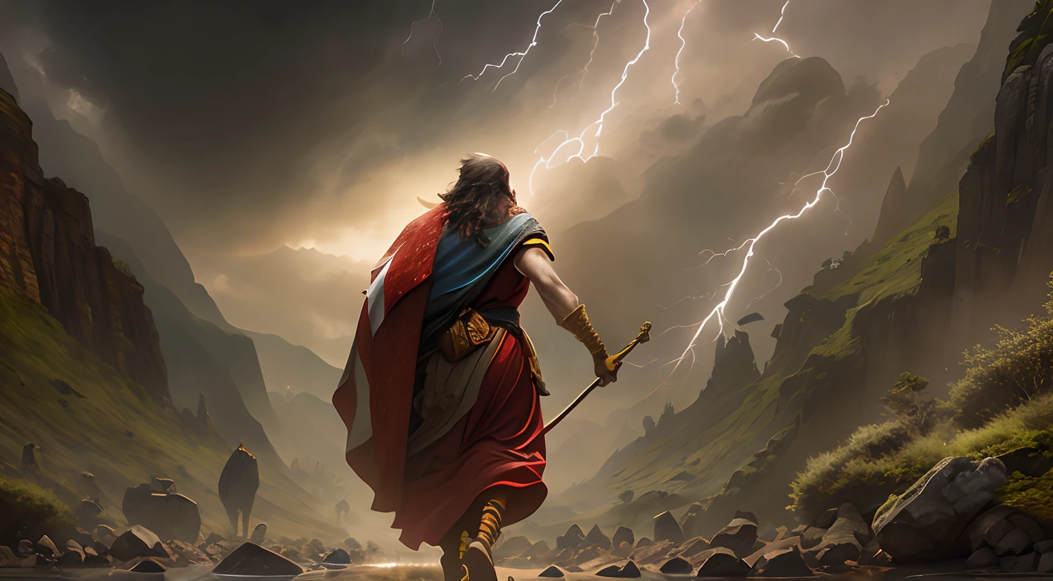Imagem de um homem com um manto vermelho caminhando por um rio, Directed by: Johannes Helgeson, Wojtek FUS, Directed by: Jesper Ejsing, Noah Bradley. foco nítido, Arte conceitual de Noah Bradley, Directed by: Daniel Ljunggren, Arte de fantasia 8k, Detailed lighting and thunder, by Hristofor Žefarović, Arte de fantasia 4k