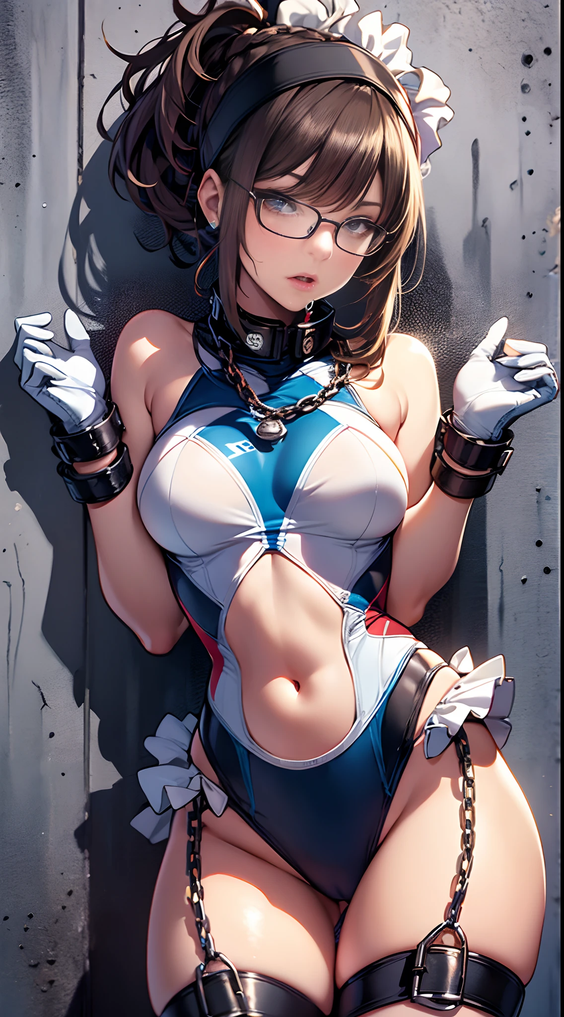 of the highest quality, 8K, 16 K, Anatomically correct, masutepiece, Ultra High Resolution, (Realism: 1.4), Raw photo, 1 adult female, Made in the UK, Ruffled headband, Ponytail, Braided hair, Ribbon tie, High-cut swimwear , over-kneehighs, White silk knee-high stockings, Competitive swimsuit maid,Glowing skin, collars, chains, Glasses, trembling, Shackles, a sultry, saliva trail