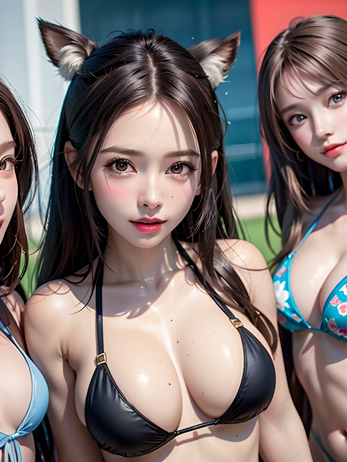8k,masterpiece, bset quality,big, (3girl), shiny skin, shiny big, ((highest quality)), bikini, colorful, group photo, clear focus: 1.2, highly detailed face and skin texture, detailed eyes,
