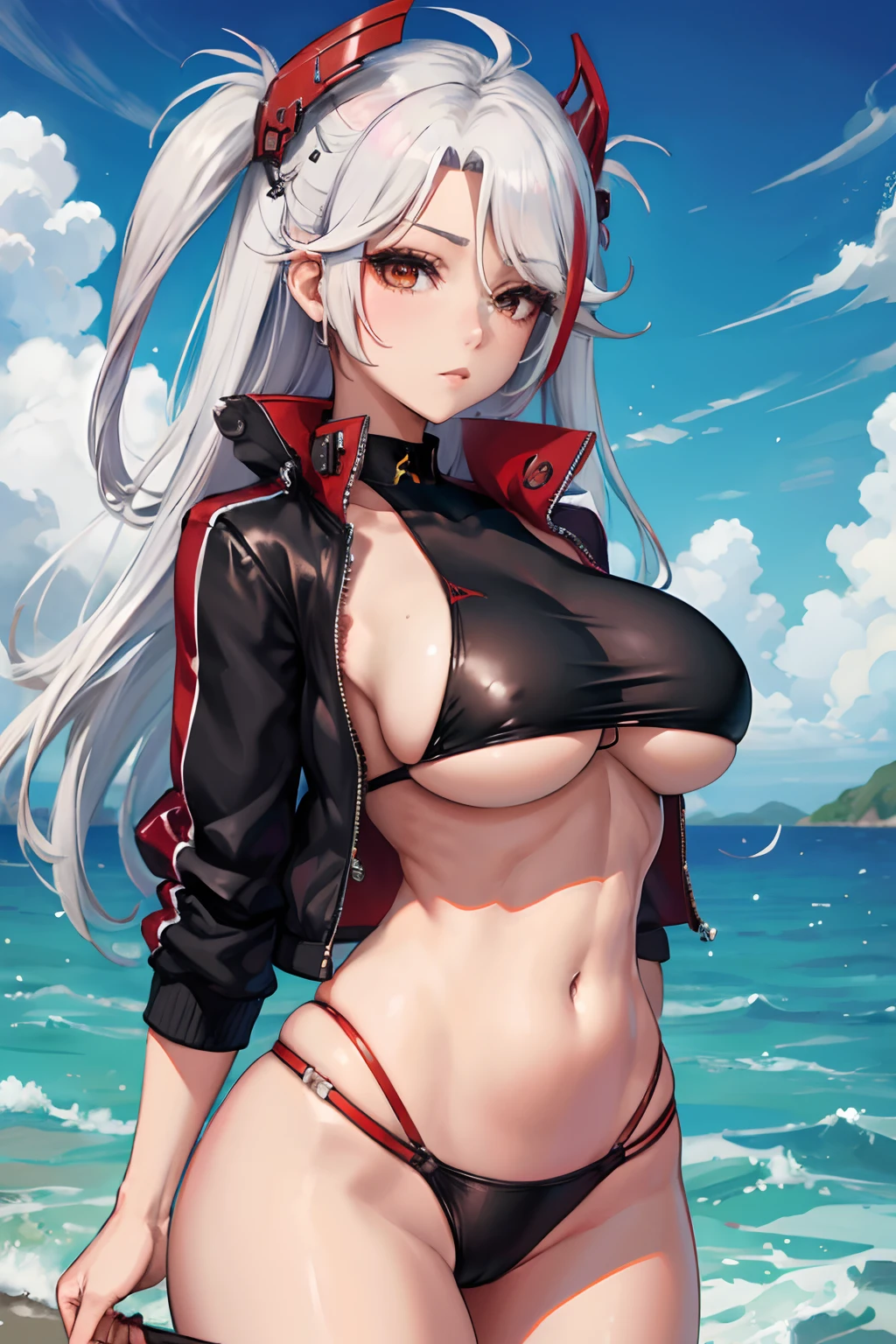 masutepiece, Best Quality, PrinzV4, 1girl in, Solo, Long hair, breasts, Looking at Viewer,Large breasts, Navel, Holding, White hair, Red hair, multicolored hair, Open jacket, striated hair, Black jacket, put hands on the hip, underboob, Headgear, a flag, Pending Flag,Poses that emphasize breasts、top-quality,Bikini swimwear、Black swimsuit、