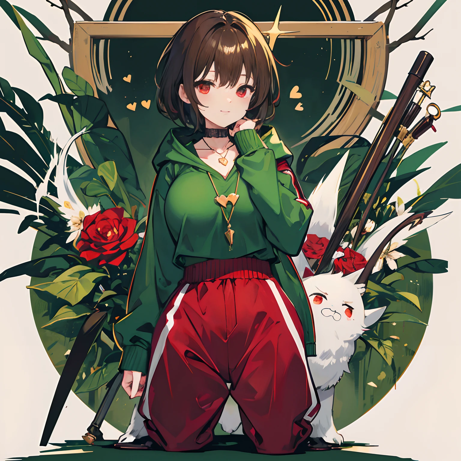 undertale，chara，solo person，Lone wolf，shadowy，Grinning，red - eyed，Sick，morden，Cold-blooded killer，Green hood，Green sweater，brown shorts，daggers，stocklings，Full body standing painting，with short brown hair，Be red in the face，Hand repair，the detail，k hd，Gold love heart necklace，Close to the original，illustration，CG，anime big breast，quadratic element（Optimal image quality，tmasterpiece，sexual appetite）