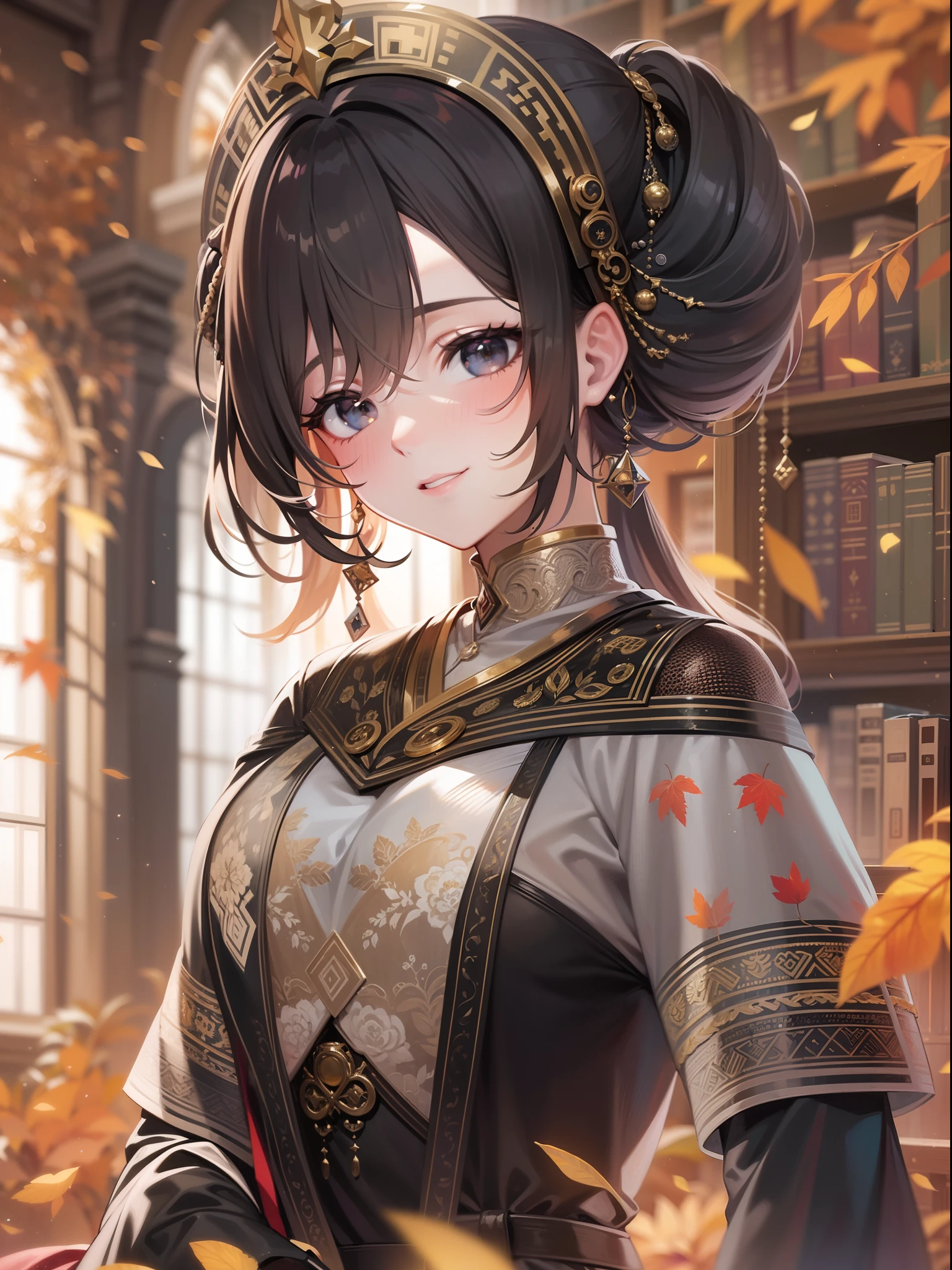 masterpiece, best quality, ultra-detailed, extremely detailed, 4K, 8K, best quality, beautiful, library, autumn, a pretty woman, solo, ethnic costume, beautiful black hair, beautiful black eyes, ahoge,huge chest, light smile, sparkling effect