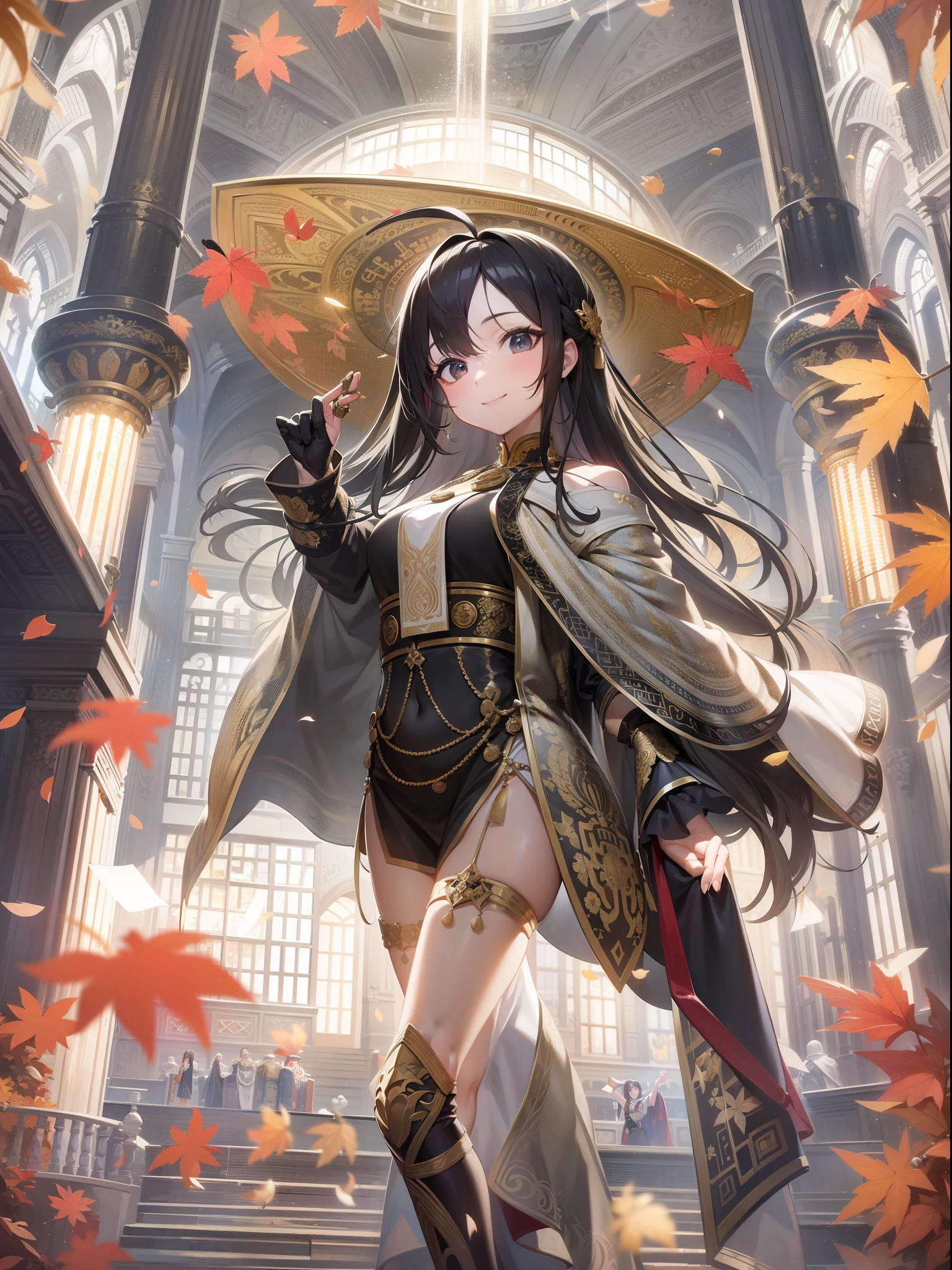 masterpiece, best quality, ultra-detailed, extremely detailed, 4K, 8K, best quality, beautiful, library, autumn, a pretty woman, solo, ethnic costume, beautiful black hair, beautiful black eyes, ahoge,huge chest, light smile, sparkling effect