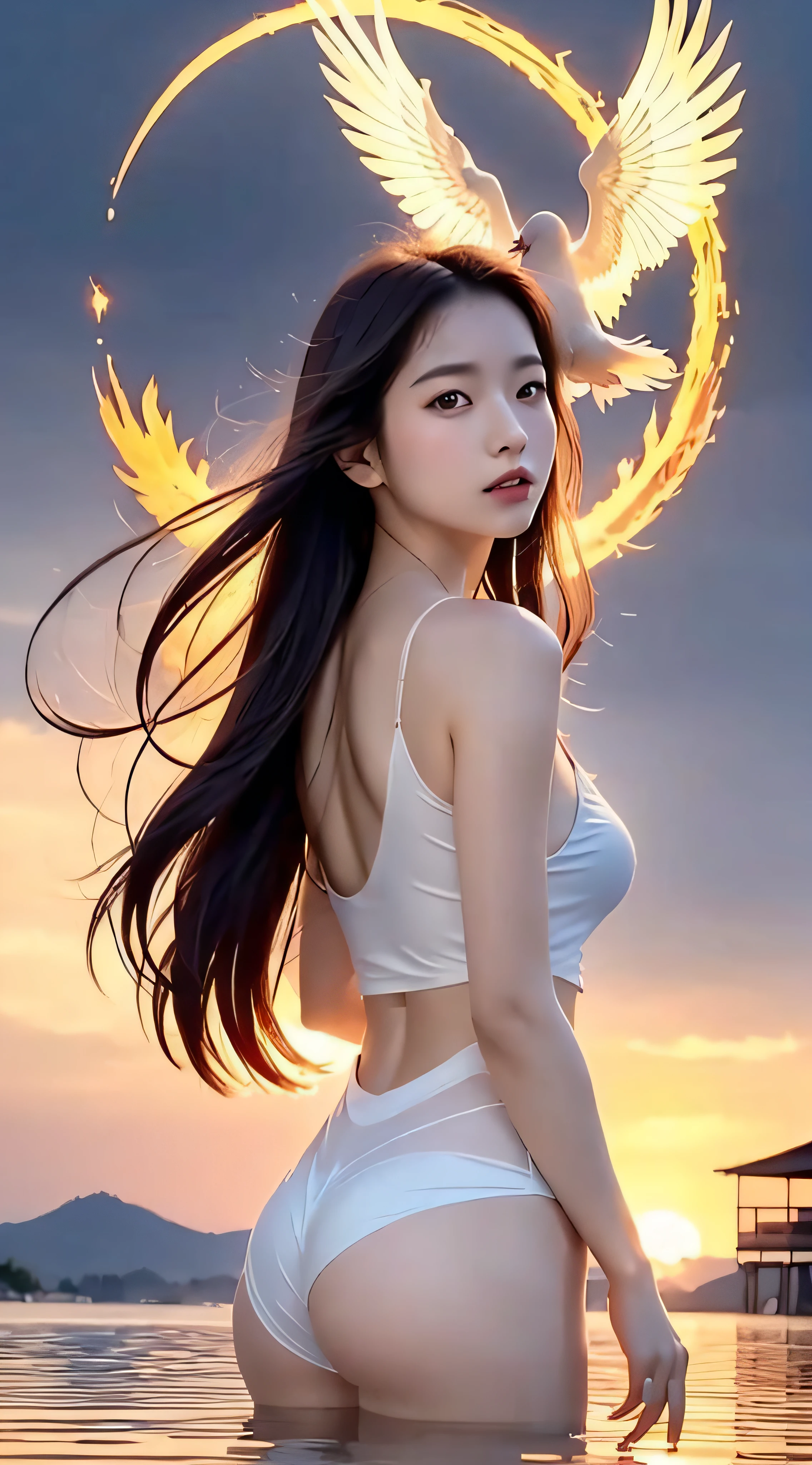 Beautiful Japan girl standing on water, Fog reflection, A giant phoenix god bird floating in the sky, Magic, Fantasy, Dynamic Posture, Composed of colorful glowing flames, Delicate face, Delicate eyes, long black and golden hair, Wearing a sleeveless shirt, Delicate and intricate patterns, ink and watercolor painting, Golden Bronzing, epic composition, Soft shadows, Clean Sharp Focus, Cinematography, Center Composition, Poster Design, film photography, the panorama, 32k --v 6