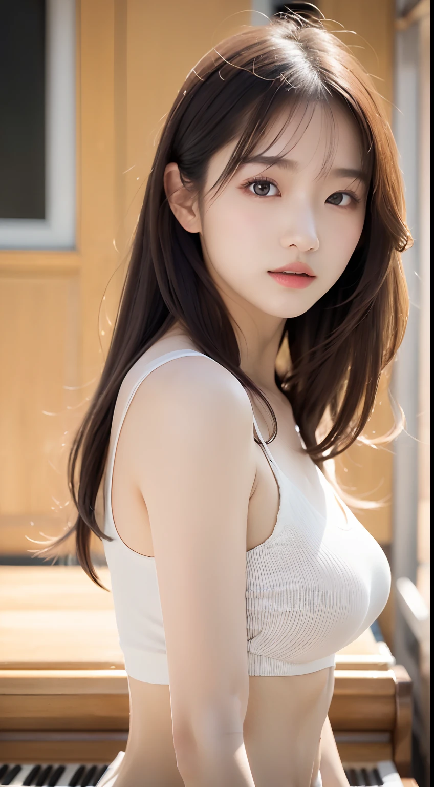 tmasterpiece、top-quality、(reallistic、Photorealsitic:1.4)、(RAW photos:1.2)、Highly elaborate CG Unity 8K wallpapers、Extremely Delicately Beautiful、magnifica、Attention to detail、offcial art、absurderes、Incredibly Ridiculous res、hugefilesize、Extremely fine、very refined、Beautiful eyes and face、Beautiful exquisite eyes、Light on the face、1 girl in、long whitr hair、(pompons)a navel、fully body photo、sleeveless shirts、Bare wrists、By bangs、schools、Music Room、piano、ulzang-6500-v1.1