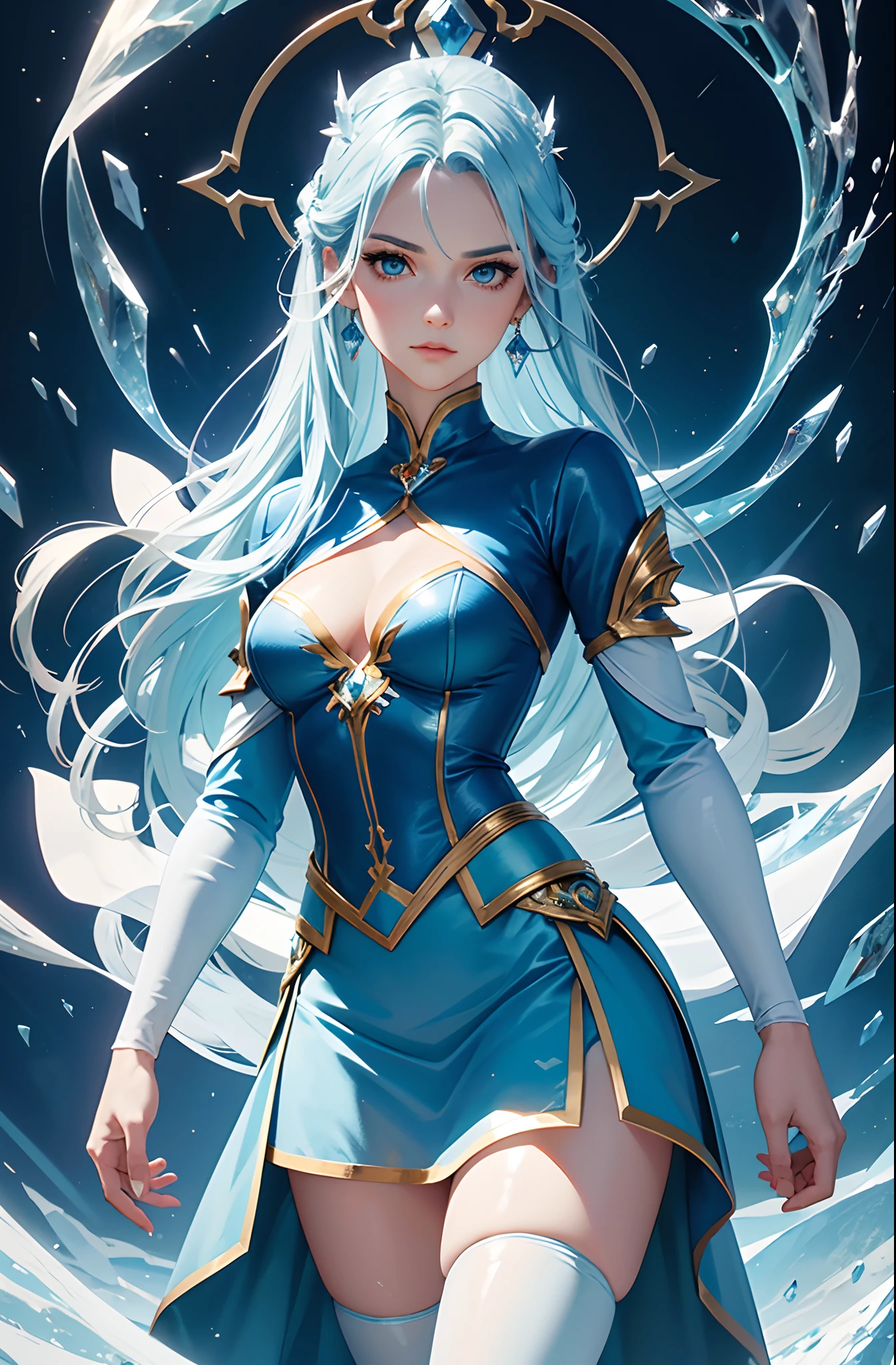 est quality, masterpiece, realistic, Beautiful sexy cool tall, slim, fit woman, wearing light blue skirt with stockings, fantasy shirt, athletic body, intricate and highly detailed, long blue hair, sexy expression, casting ice magic fromher hands, ice god, ice master, ice magician, freezing