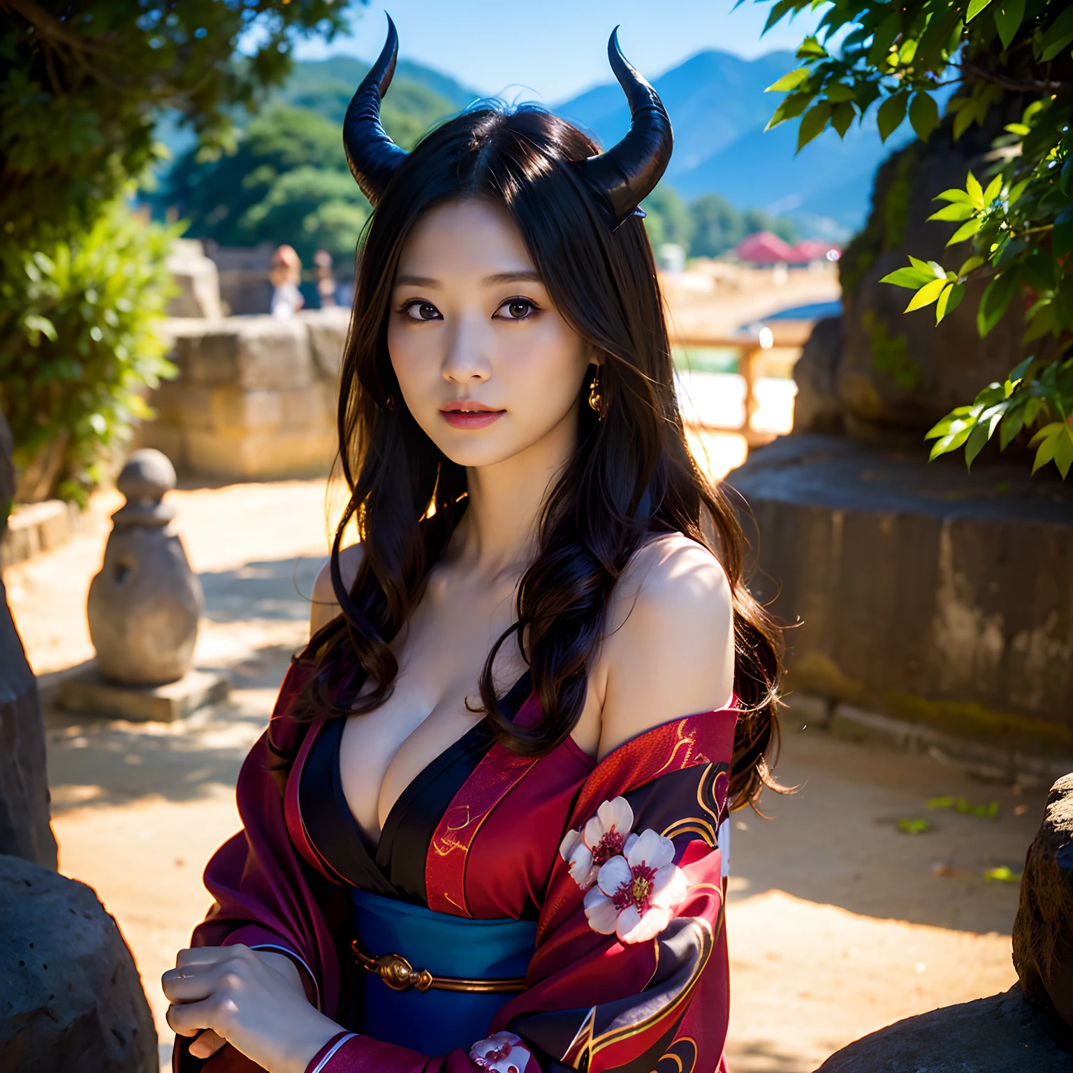 (((masutepiece,))),Professional , masterpiece、top-quality、photos realistic , depth of fields 、Raw photo、1a person、glowy skin、(sexypose)、(Black maple on the background of full bloom),(Ultimate Beauty)、A dark-haired、Mystical expression、Light Effects、intense fighting、Wind-effect、ultrasharp、(shrine background)、(Kimono with beautiful pattern)、(Midnight background)、Beautiful hair ornament on the head、,(intense fighting),((Precipitous cliffs)),(Wear a beautiful kimono),(Wear a colorful and beautiful kimono)、cleavage of the breast、(Japan Castle Background)、Jewel Gold Weapon、Particles of light),(intense fighting)、Gorgeous jewelry hair ornaments on the head ,Castle background、(( Gorgeous Dragon Sword)) , (a dark night),,(maikurobikini) 、((Black Haired Beautiful Girl))、(Castle background)、(demonic wings)、((Gangle's forest background))、Beautiful Caucasian beauty、1a person、dynamic ungle,(((Two devil's horns on the head)))、Smaller head、Idle Smile、Thin and beautiful female hands、Mystical expression、Light Effects、intense fighting、Wind-effect、magic circles、With the legendary magic wand、Dragon's tail、Anatomically correct fingers、Full Body Angle、Anatomically correct number of fingers、