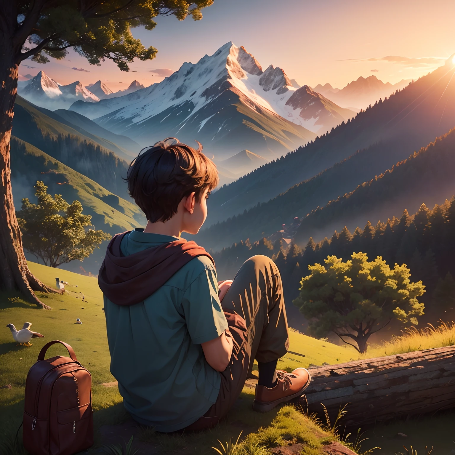 Sunset, peococks on trees, mountains, birds, greenery, a boy , sitting on grass, in 4k look