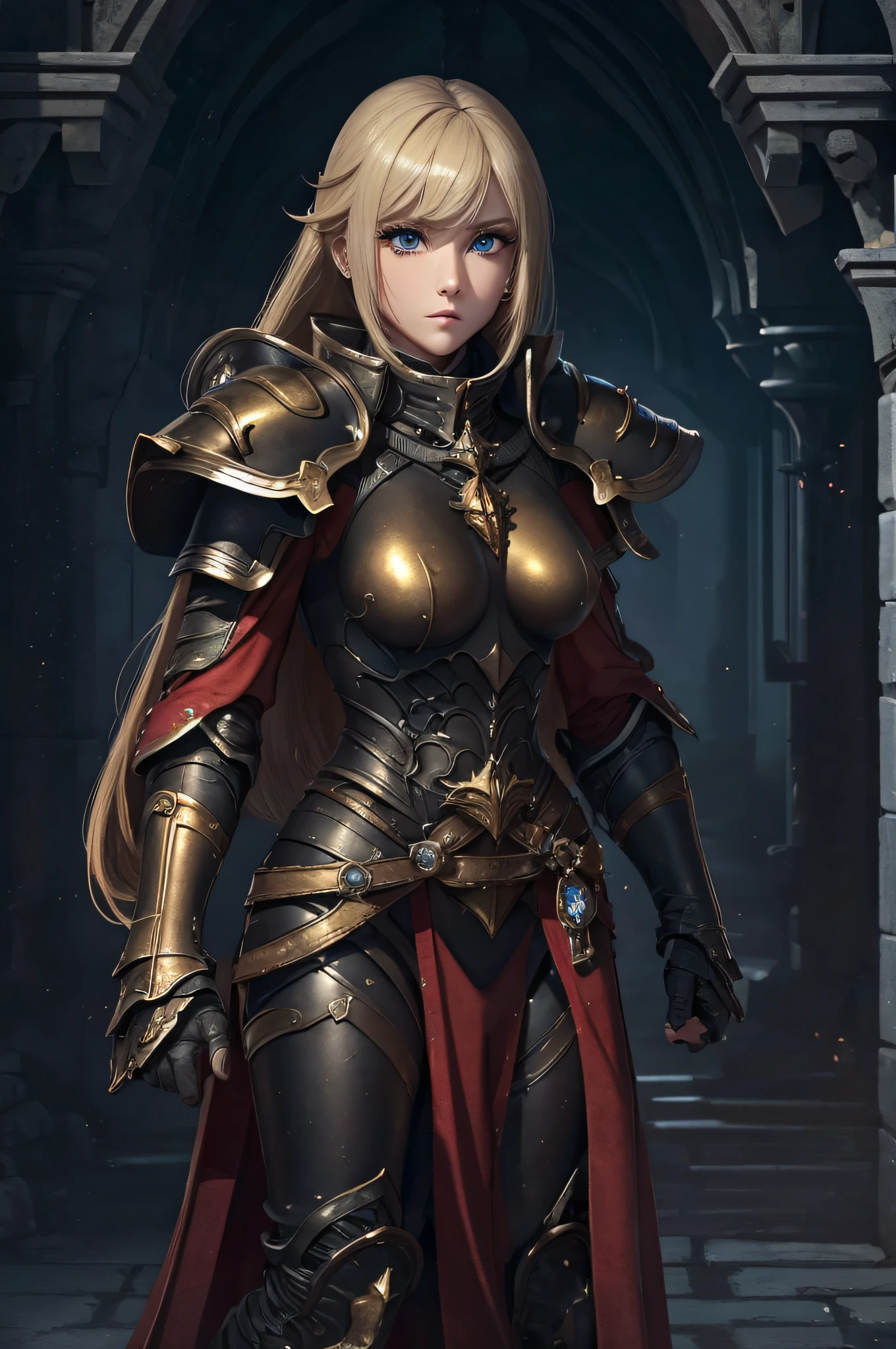 1a person、Unparalleled beauty, Lustrous firm and shiny skin, Bangs between the eyes, Glossy Straight Beautiful Dazzling Golden Platinum Blonde, Super Long Straight Silky Hair, eye line, Sexy beautiful innocent , High definition big beautiful bright blue eyes, Beautiful and nice girl, Baby face, Fjet black armor、full-plate-armor、Beautiful big eyes、 a medieval castle、