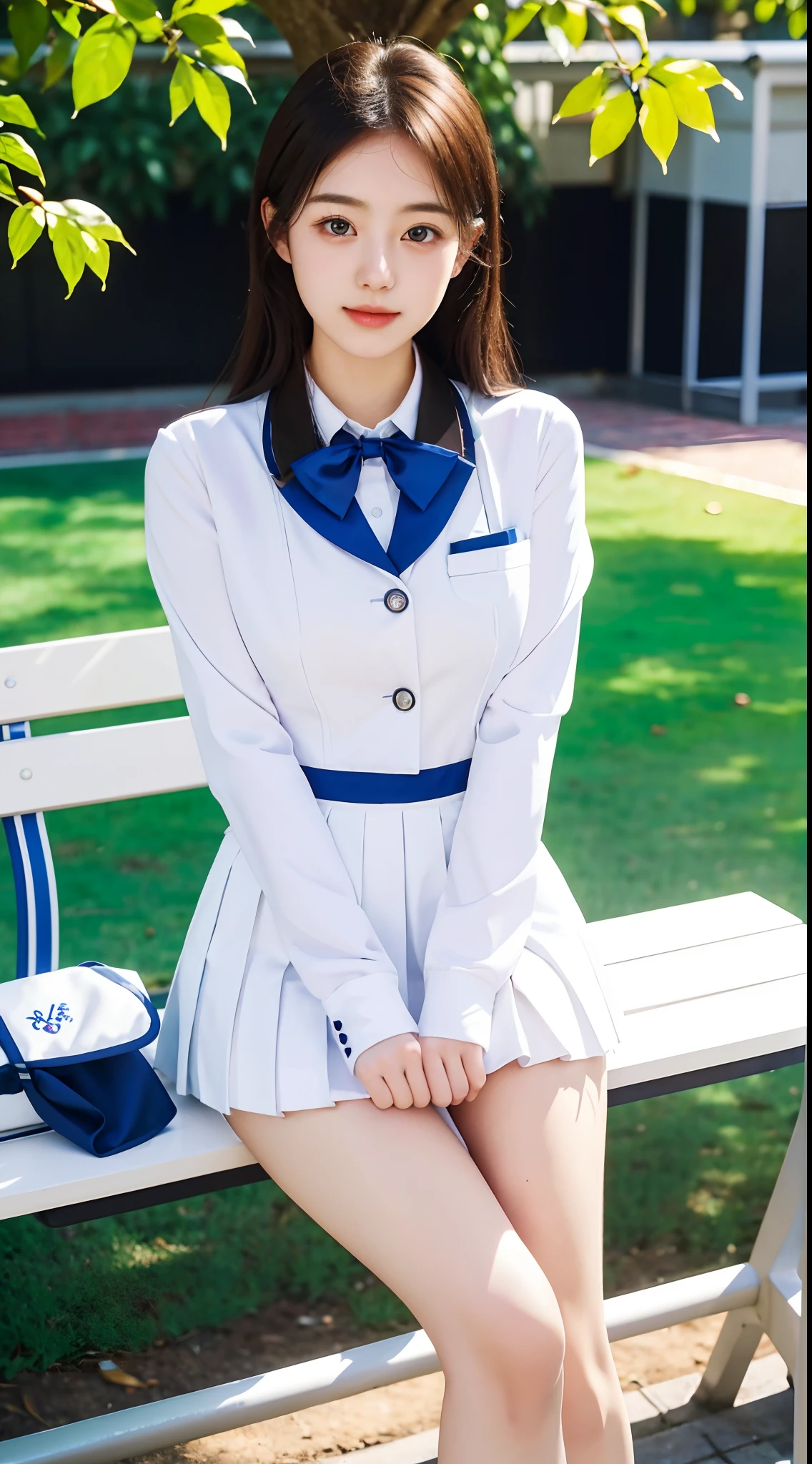 A beautiful girl in a white uniform sits on a bench, Magical school student uniform, smooth white tight clothes suit, White uniform, Super cute schoolgirl, JK school uniform, japanese girl school uniform, Japanese school uniform, cute female student, in school uniform, girl in uniform, anime barbie in white stockings