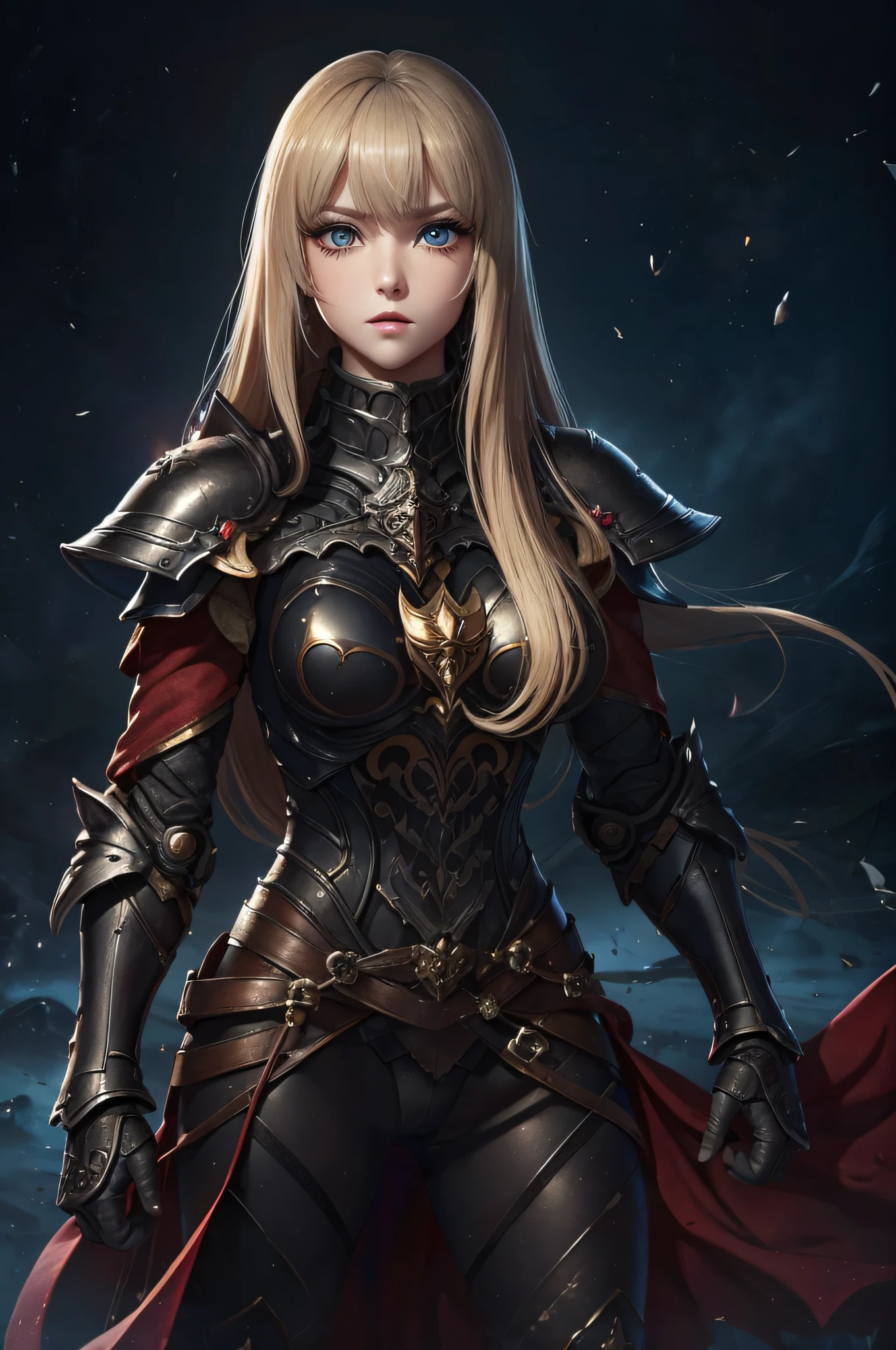 1a person、Unparalleled beauty, Lustrous firm and shiny skin, Bangs between the eyes, Glossy Straight Beautiful Dazzling Golden Platinum Blonde, Super Long Straight Silky Hair, eye line, Sexy beautiful innocent , High definition big beautiful bright blue eyes, Beautiful and nice girl, Baby face, Fjet black armor、full-plate-armor、Beautiful big eyes、 a medieval castle、