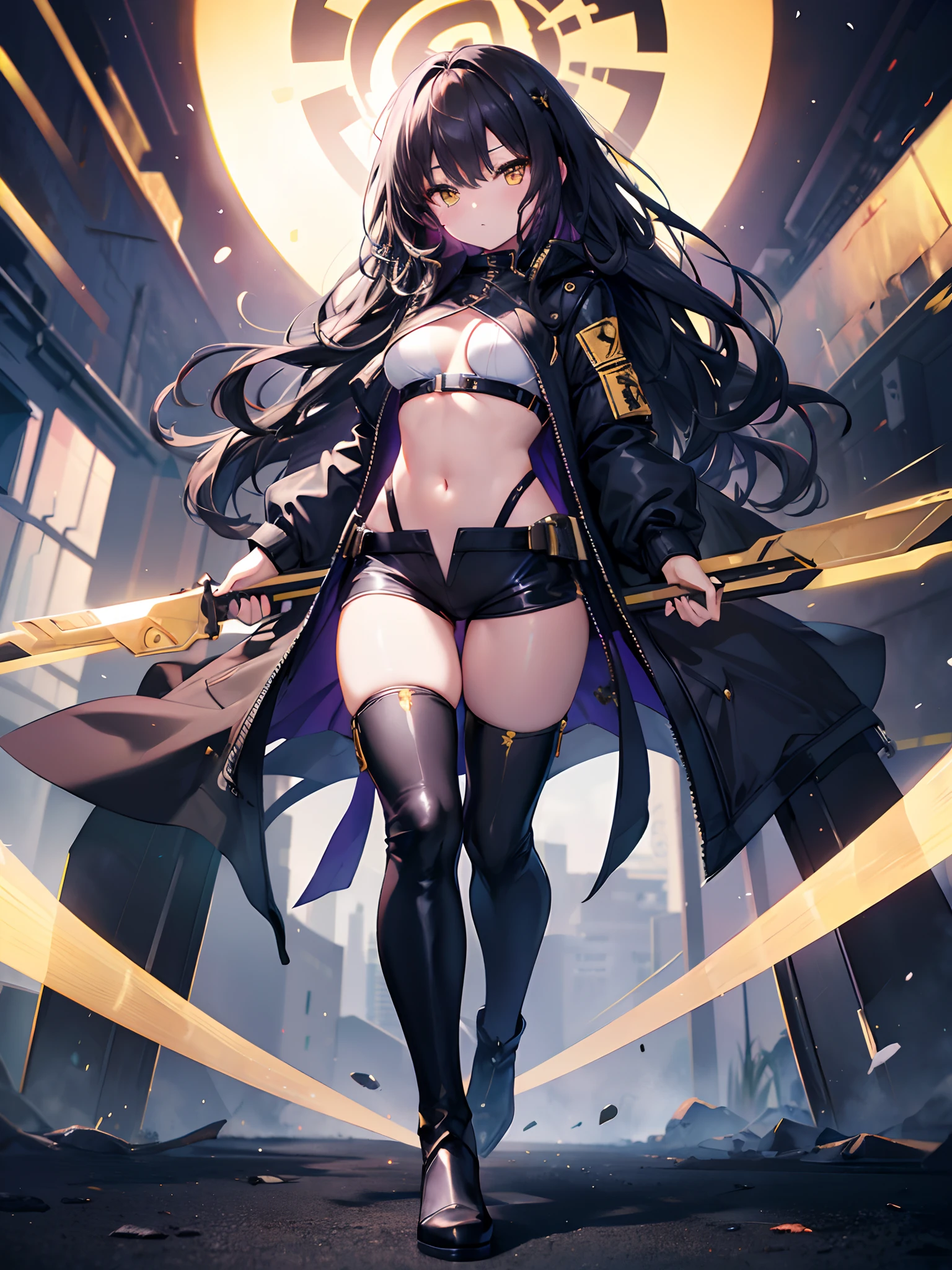 Golden Eyes、(Best Quality,4K,8K,hight resolution,),Ultra-detailed,Golden Eyes,Golden Eyes,(Curly,Wavy) Black hair,Black bra top, White Hot Pants, Purple tights, long boots, Fantasy Combat Suit, adventurer, Standing Pose, Black jacket、small stature、Colossal tits、Navel Ejection、look down from above、full body seen、Dynamism、Golden Eyes、