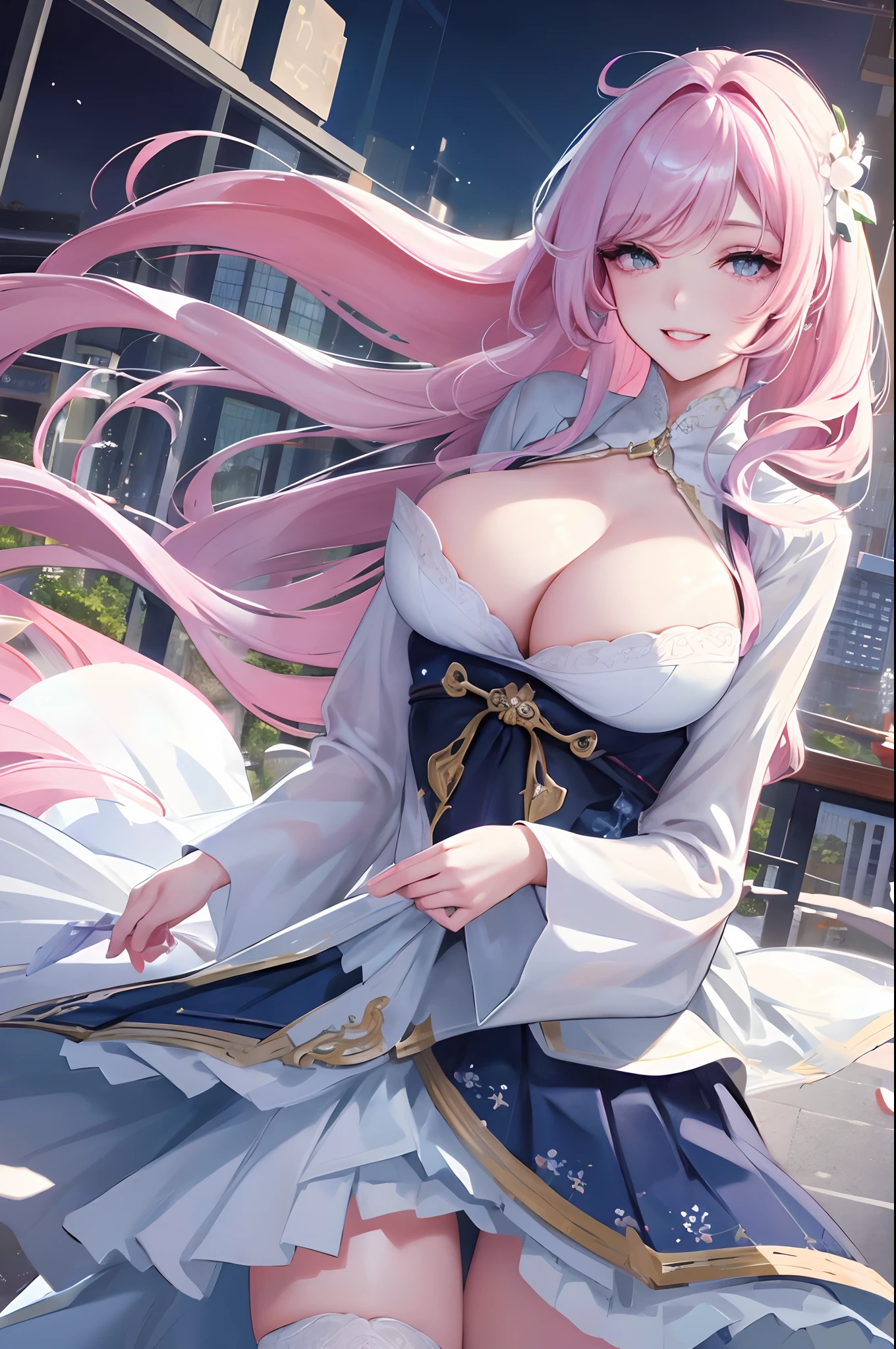 Official art, masutepiece, Sharp Focus, (Beautiful gorgeous and lovely korean woman: 1.3), (Beautiful and nice Koreans: 1.3), Korean Beauty, Delicate and beautiful hair eyes and face, Realistic, super detailed, Beautiful Girl, Blue sky, Bright white particles, (side lights:1.2), Sunlight, white clouds, Fine clouds, slim, Cute Big, Big ass, grin, ((Eyes open when you laugh)), landscape, Long straight hair, sexy expression, Buildings, (City view: 1.7), Dynamic Hair, Long straight hair, Delicate platinum-pink hair, shiny blue eyes, (Blue pleated shirt + White Dress), White stockings, pale skin, Hair dotted with magnificent landscapes, Big Tits Cleavage Big Tits Big Tits Big Tups