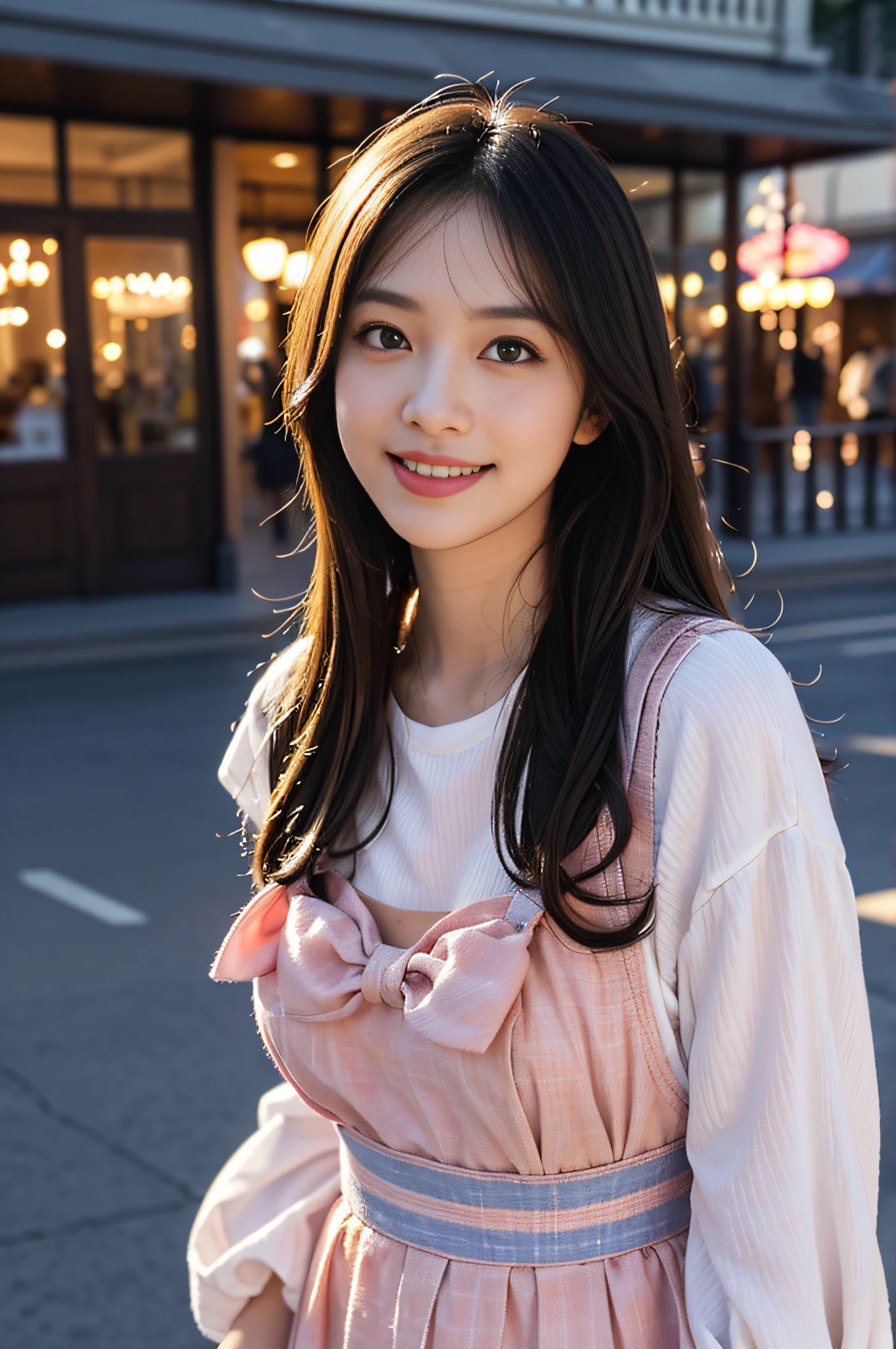 1girl in,At Disneyland,Soft light、The face remains a model、Random fall costumes、Take random poses、Solo Shot、model shot、Polished RAW photos、Big eyes、Transparent eyes、　Beautiful makeup、long eyeslashes、A smile、Smile、、Solo Photography、beatiful detailed eyes、vertical stripes　imagem 4k　超A high resolution、Overall view