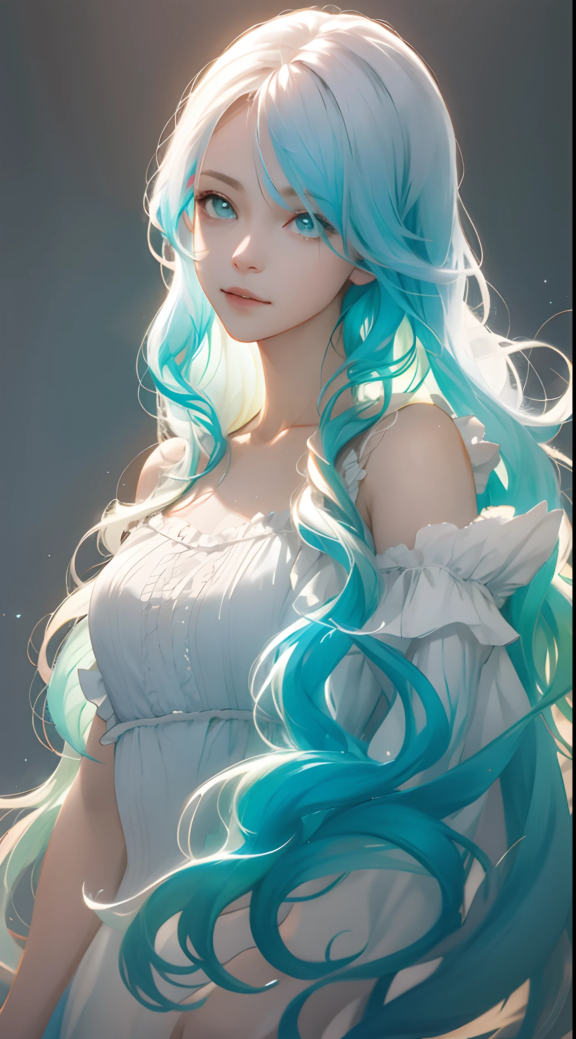 one-girl,rainbow colour hair,romanticized nature,Wavy hair,A dreamlike realm,light white and light red,light white and cyan,k hd,high detal,high qulity,Good atmosphere,delicated,cg render,detail render,(Delicate facial portrayal)(Fine hair depiction)(highest quality)(Master masterpieces)(High degree of completion)(a sense of atmosphere)(half-body portrait)