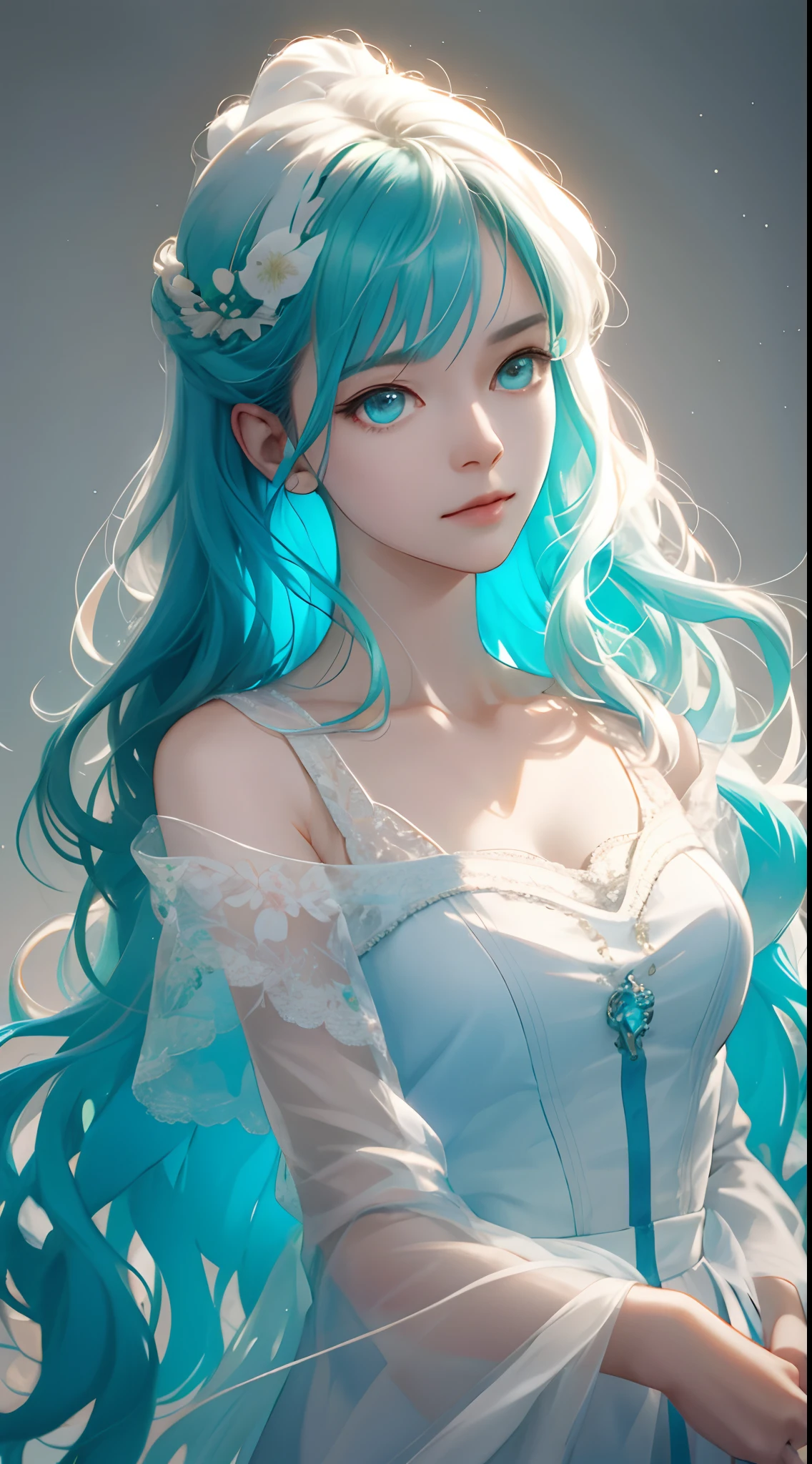 one-girl,rainbow colour hair,romanticized nature,Wavy hair,A dreamlike realm,light white and light red,light white and cyan,k hd,high detal,high qulity,Good atmosphere,delicated,cg render,detail render,(Delicate facial portrayal)(Fine hair depiction)(highest quality)(Master masterpieces)(High degree of completion)(a sense of atmosphere)(half-body portrait)