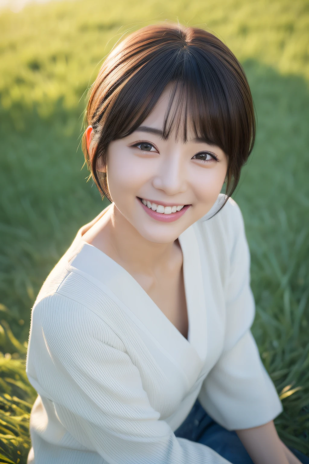 (in 8K、Raw photography、top-quality、​masterpiece:1.2)、30-years old、(japanes)、1人の女性、A detailed face、A detailed eye、Detailed mouth、short-cut、Smile、sitting on grass