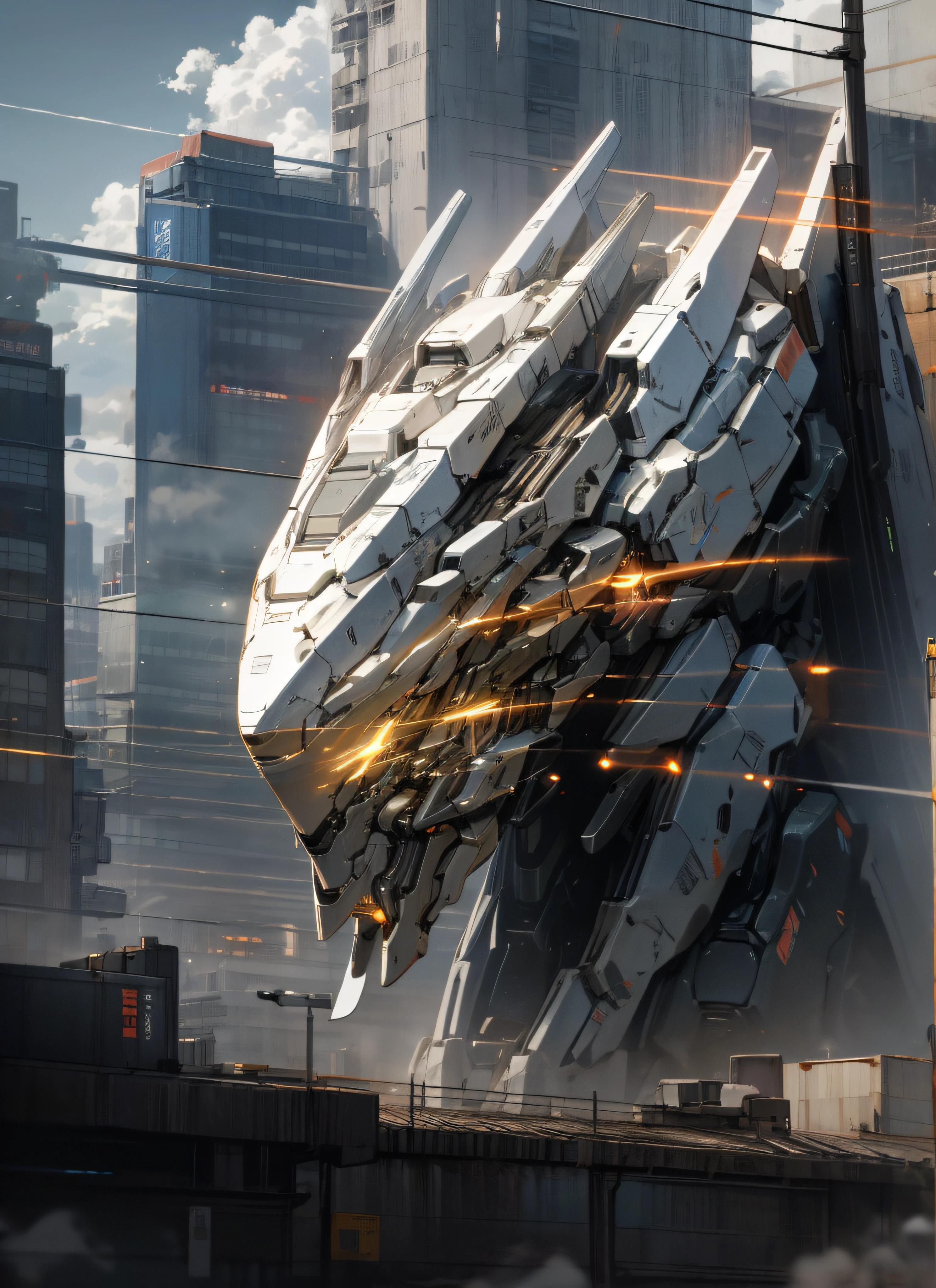 sky, cloud, holding_weapon, no_humans, glowing, , robot, building, glowing_eyes, mecha, science_fiction, city, realistic,mecha