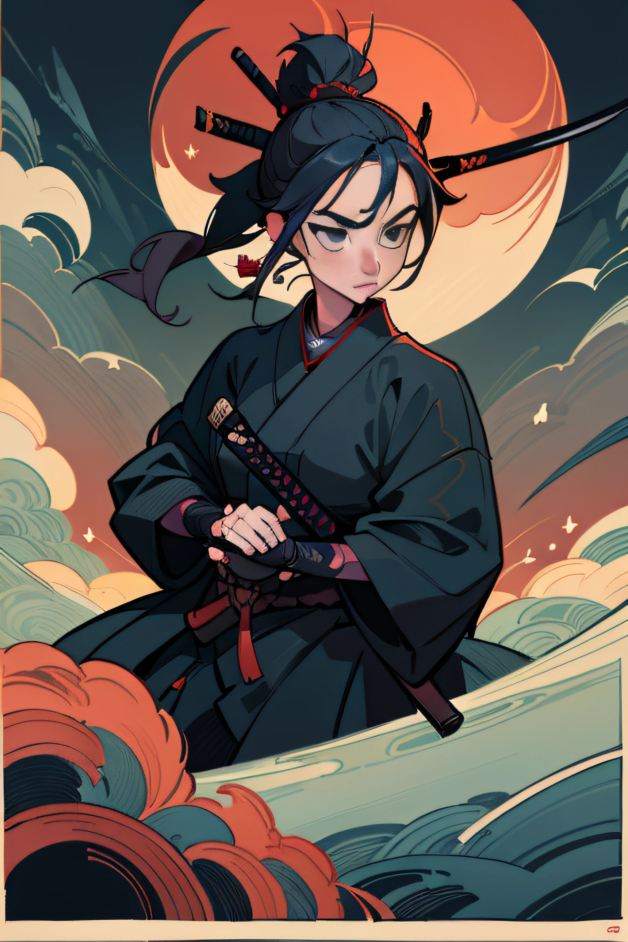 (Masterpiece, Best Quality), 8k Wallpaper, highly detailed, sexy female ronin, samurai, katana, japan, night, moonlight, vector style art, erotic, movie poster style, lettering.