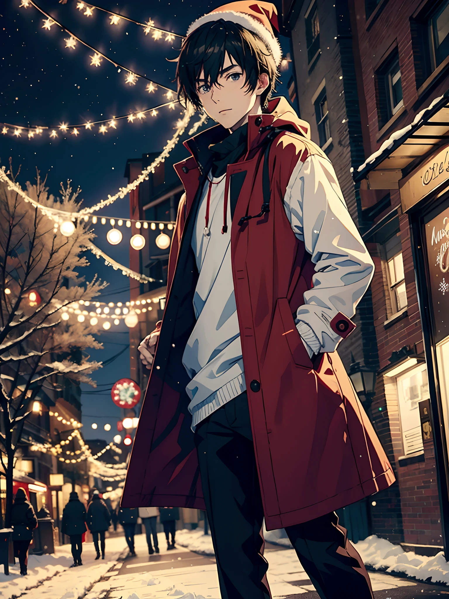 Anime guy in a coat, Christmas lights, street, snowflakes, bonnet