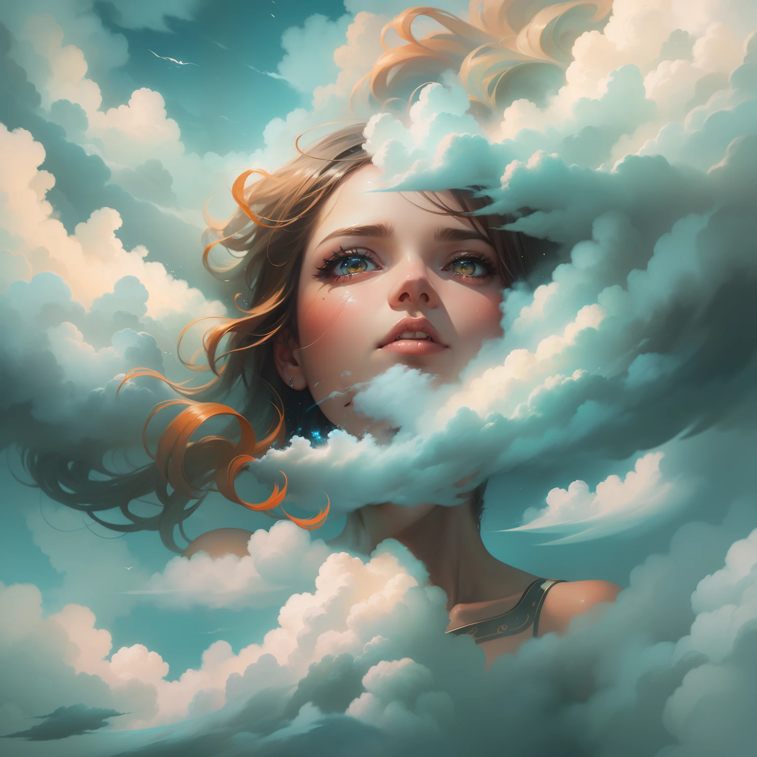 a painting of a woman's face surrounded by clouds, a detailed painting by Cyril Rolando, featured on cgsociety, fantasy art, detailed painting, behance hd, made of mist