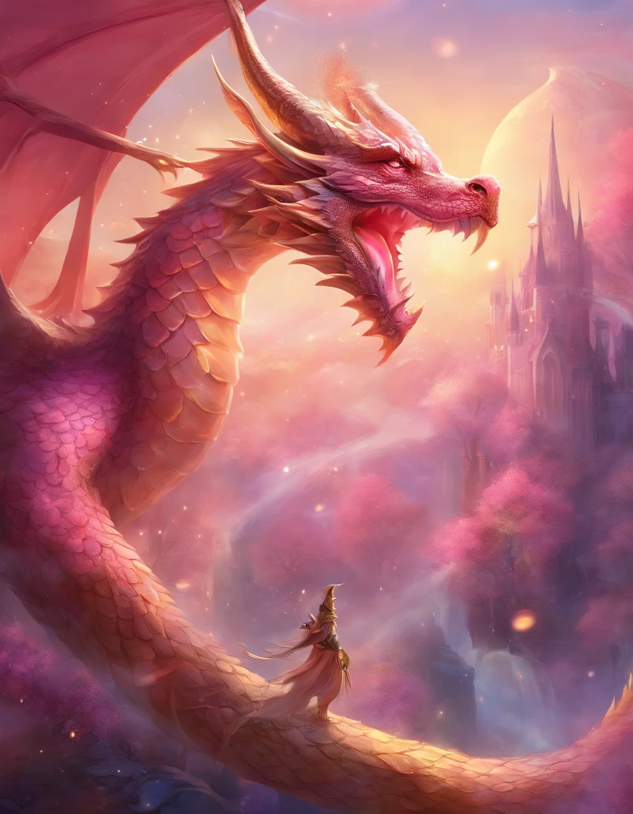(highres, best quality:1.2), radiance, soft contours, beautiful drawing, image of a dragon on a gold knife handle, rich glitter, pink soap bubbles
