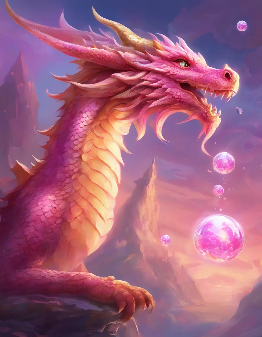 (highres, best quality:1.2), radiance, soft contours, beautiful drawing, image of a dragon on a gold knife handle, rich glitter, pink soap bubbles