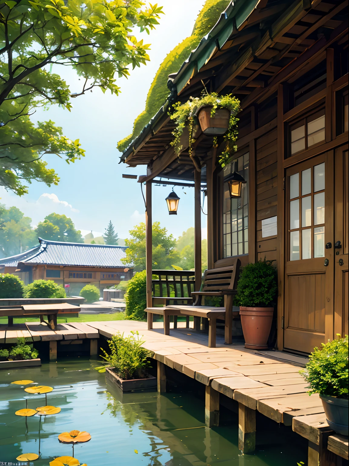 (Microlandscape:1.5),(best quality), ((masterpiece)), (highres), illustration, original, Extremely detailed wallpaper, No Man, window, scenery, plant, water, potted plants, outdoors, building, door ，casa，flower pots，In the daytime，water lilies，a chair，florals，desks，stairways，watermarked，The tree，rays of sunshine，ponds，grassy fields，bushi，Skysky，railing，Study desk，Open Window，shelf，foliage，ladder，buliding，shadowing，vine，vases，城市，lanterns，barrel，废墟，the benches，mossy，das boot，barrel, rios,