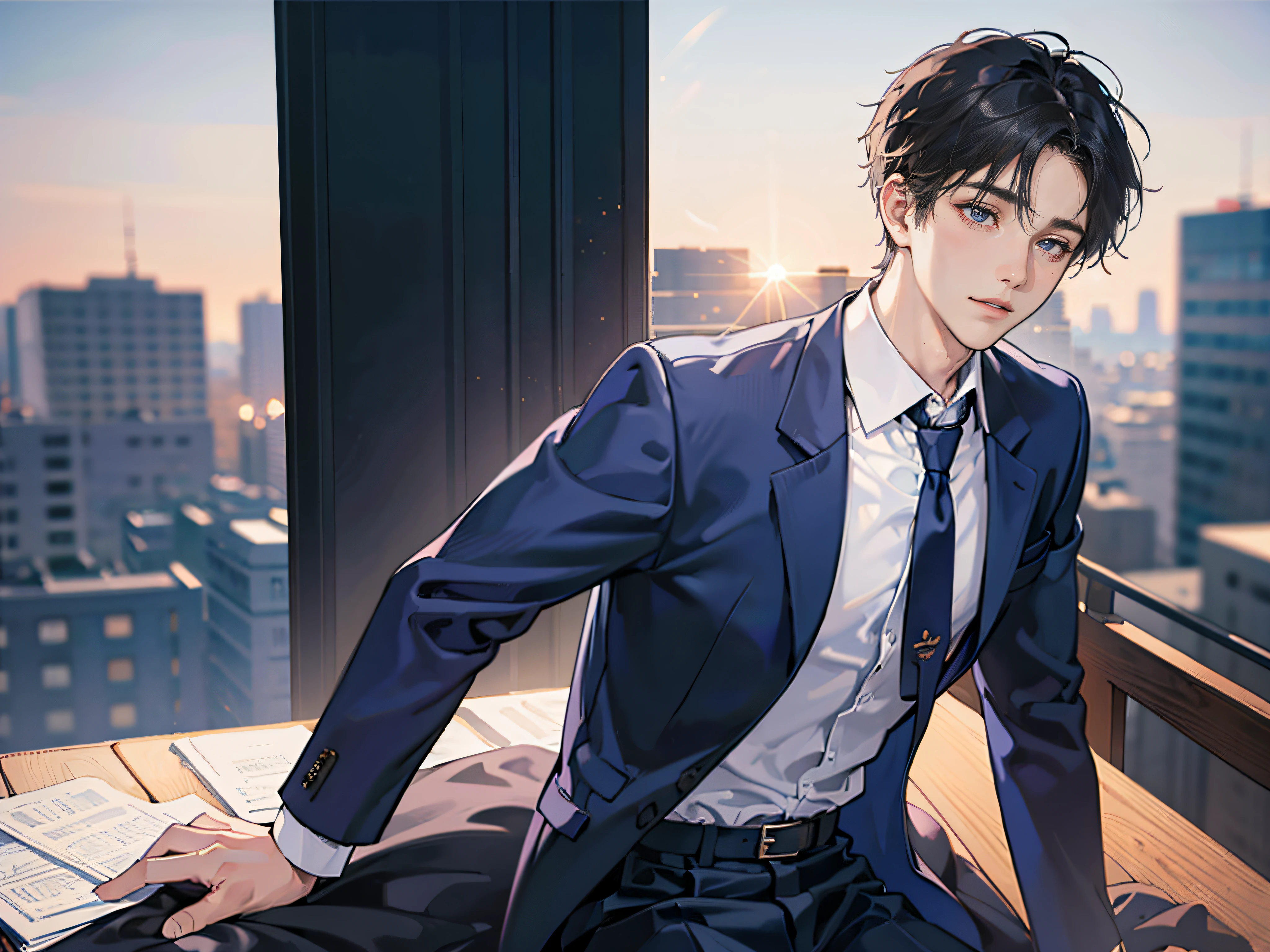 1boy, face focus, adult, business suit, jacket, white shirt, necktie, pants, best quality, hires, detailed face, office, buildings from window, detailed background, diffused sunlight, depth of field, bokeh