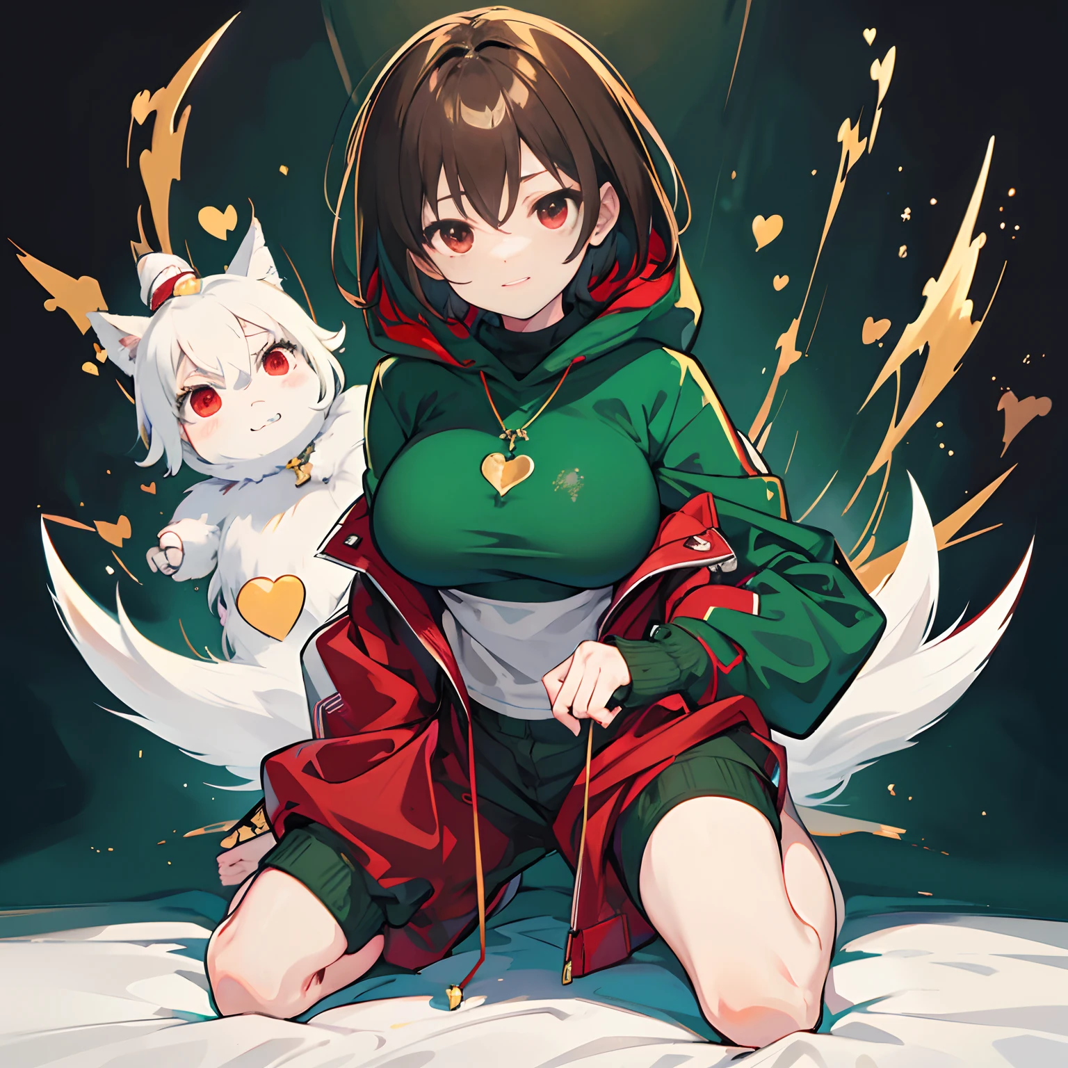 undertale,chara,solo person,Lone wolf,shadowy,Grinning,red - eyed,Sick,morden,Cold-blooded killer,Green hood,Green sweater,brown shorts,daggers,stocklings,Full body standing painting,with short brown hair,Be red in the face,Hand repair,the detail,k hd,Gold love heart necklace,Close to the original,illustration,CG,anime big breast,quadratic element(Optimal image quality,tmasterpiece,sexual appetite)