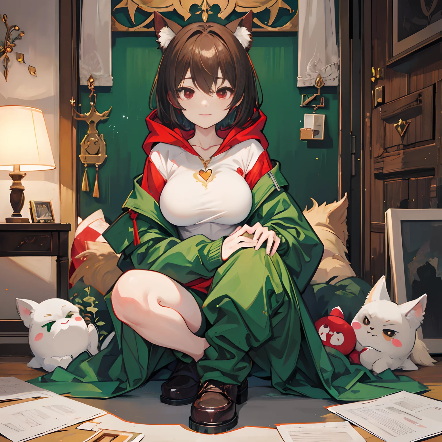 undertale，chara，solo person，Lone wolf，shadowy，Grinning，red - eyed，Sick，morden，Cold-blooded killer，Green hood，Green sweater，brown shorts，daggers，stocklings，Full body standing painting，with short brown hair，Be red in the face，Hand repair，the detail，k hd，Gold love heart necklace，Close to the original，illustration，CG，anime big breast，quadratic element（Optimal image quality，tmasterpiece，sexual appetite）