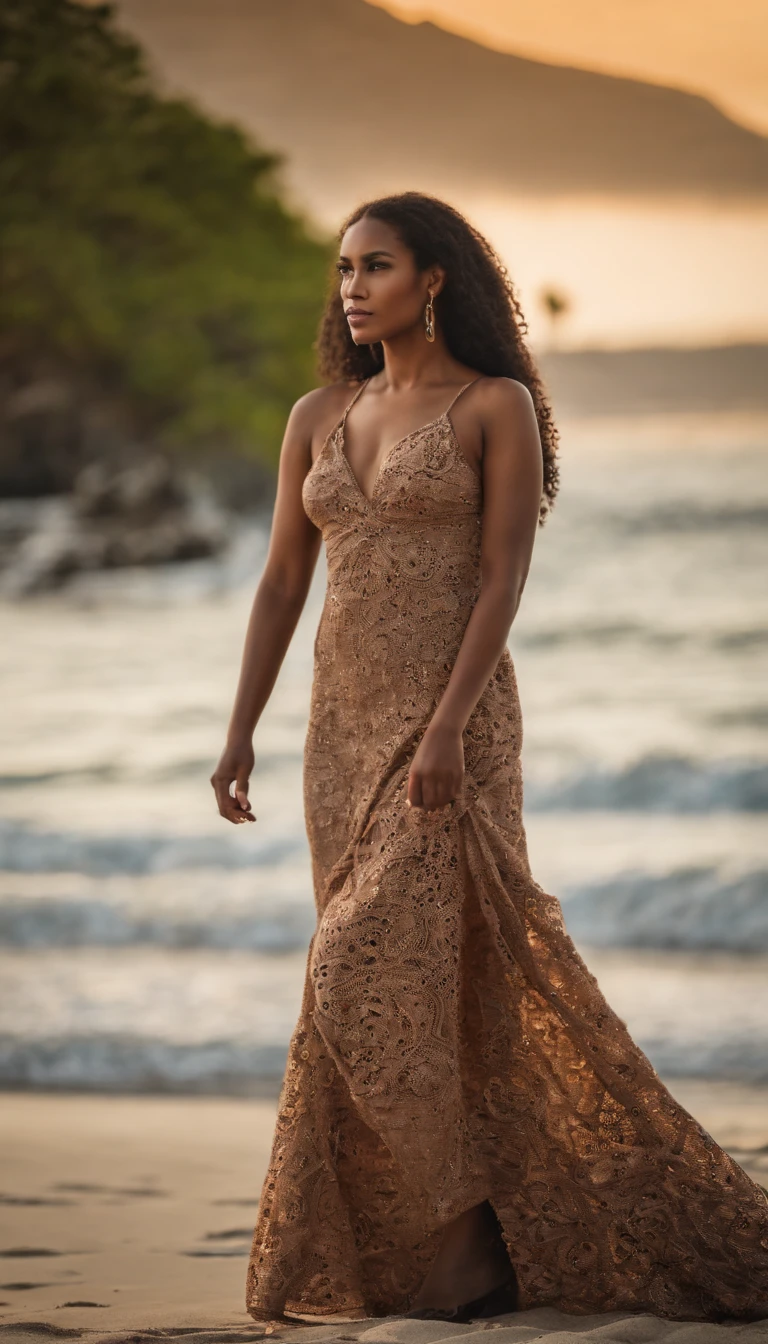 A Full body wide angel professional potrait of a beautiful papuan woman, clear and detailed eyes, with curly hair,wearing , standing on the beautiful  beach at sunset, backlighting, fashion photography, centered, symmetrical, Canon RF 50mm f/1.2L Lens, by Tyler Mitchell