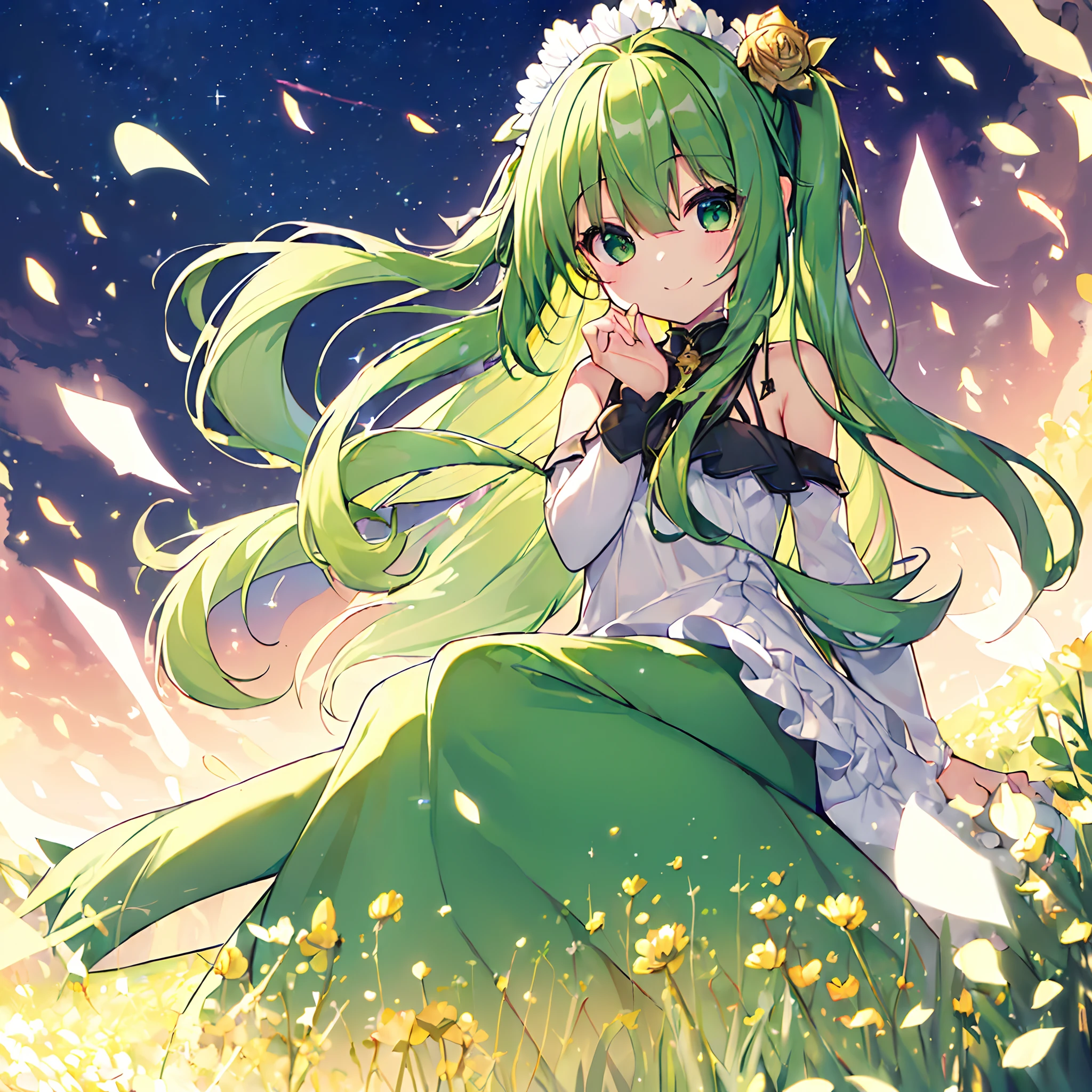 (top-quality:1.5), (​masterpiece:1.5), (hight resolution:2.0)、Beautiful girl alone、cute little、Lori、Small breasts、sitting on、(A smile)、(green colored eyes)、(Eyes in detail)、radiant eyes、(green colored hair)、((Twin-tailed))、(Semi-long hair)、Metal hair clipper、(White Dress)、Clothes with black patterns、Green ruffles、Long sleeves、Black boots、Golden petals shimmering in the wind、darkness、takeout、naturey、grass field、One arm is in front of you、FULL BODYSHOT、Shining White Stone