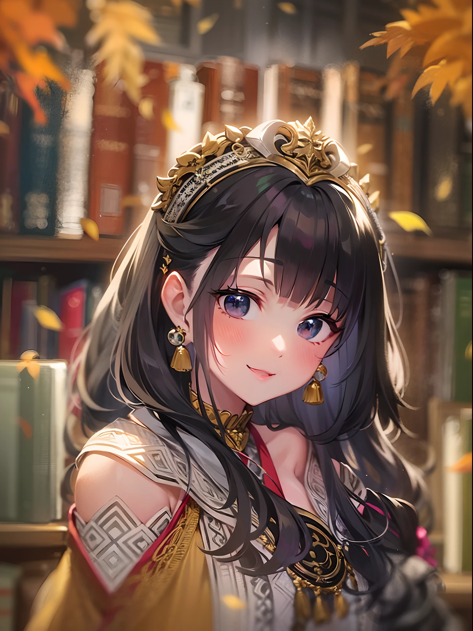 masterpiece, best quality, ultra-detailed, extremely detailed, 4K, 8K, best quality, beautiful, library, autumn, a pretty woman, solo, ethnic costume, beautiful black hair, beautiful black eyes, ahoge,huge chest, light smile, sparkling effect